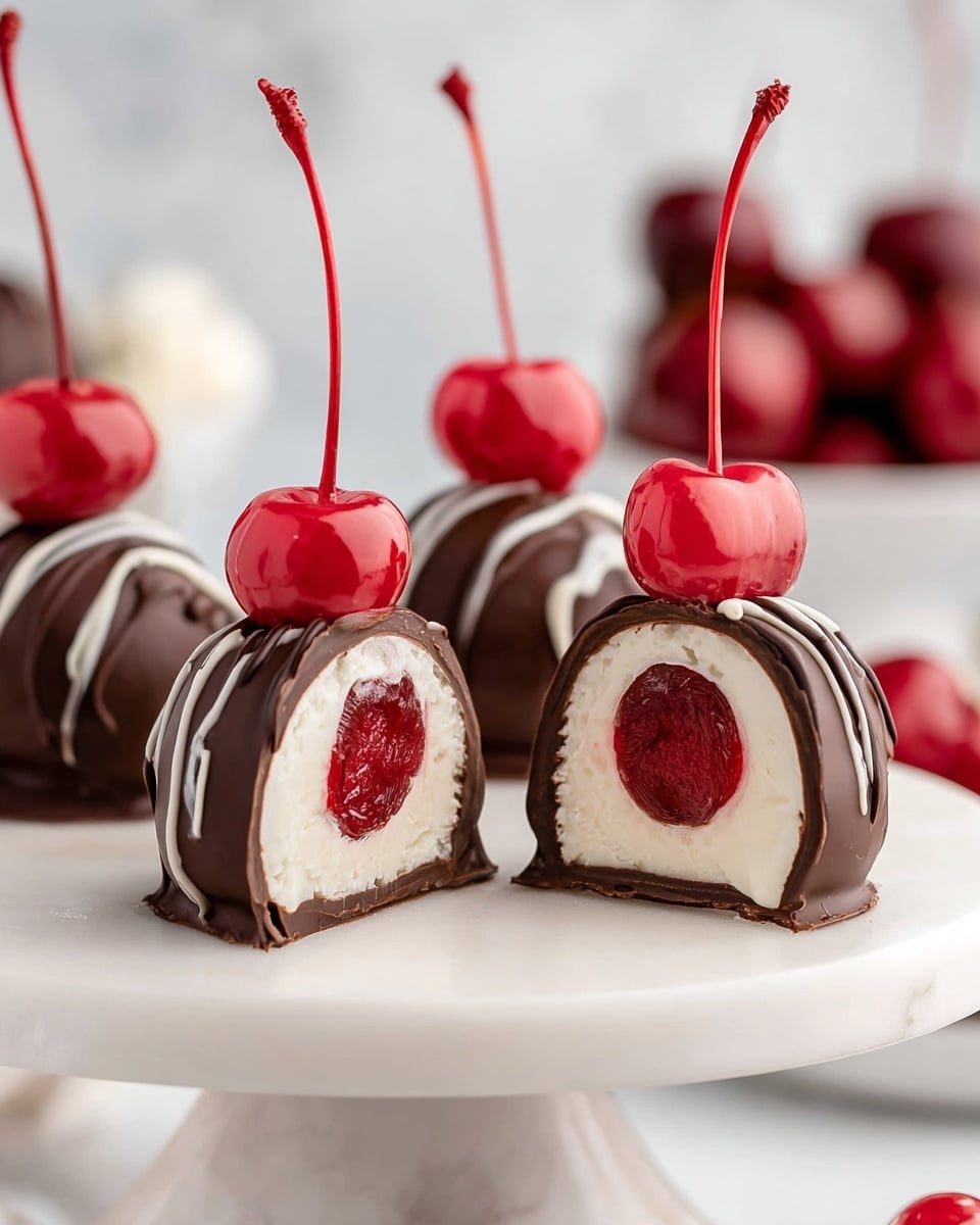 The image shows chocolate-covered cherries placed on a white marble cake stand. Each cherry has a bright red stem standing upright, and the cherries are coated in smooth milk chocolate with some decorated by thin chocolate drizzles. The front features two cherries cut in half, revealing three visible layers: the shiny red cherry at the center, a thick white creamy layer surrounding the cherry, and an outer shell of solid milk chocolate. The background shows a white marbled texture with blurred cherries and chocolates in soft focus, creating a clean and elegant setting. Photo taken with an iphone --ar 4:5 --v 7