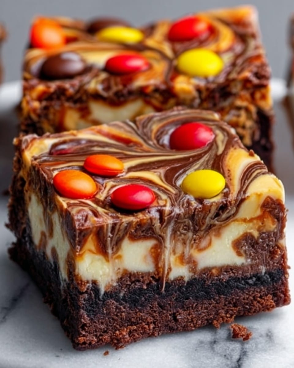 The image shows a close-up of a layered dessert bar on a white marbled surface. The dessert has four distinct layers: the bottom layer is a dark brown, smooth and firm crust, the second layer is a creamy light brown, slightly thicker and soft-looking, the third layer is a thin white layer that is smooth and glossy, and the top layer is a marbled mix of light and dark brown swirls with a glossy texture. Scattered on the top marbled layer are bright red, yellow, and orange candy pieces, adding spots of color. Photo taken with an iphone --ar 4:5 --v 7
