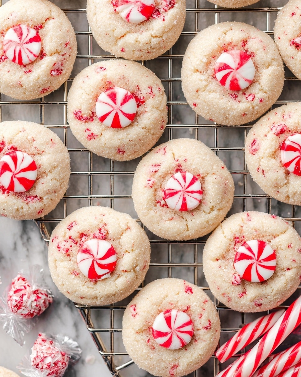 The image shows a pile of round cookies, each with one layer of soft, light beige dough that has tiny bits of pink candy mixed inside. The cookies have a smooth, slightly cracked texture, and in the center of each cookie is a single white and red striped peppermint candy shaped like a teardrop, adding a glossy and colorful contrast. The cookies rest on a dark wire cooling rack, which sits atop a white marbled surface. Around the rack are scattered additional unwrapped peppermint candies and silver foil-wrapped peppermint kisses, giving the scene a festive and sweet look. photo taken with an iphone --ar 4:5 --v 7