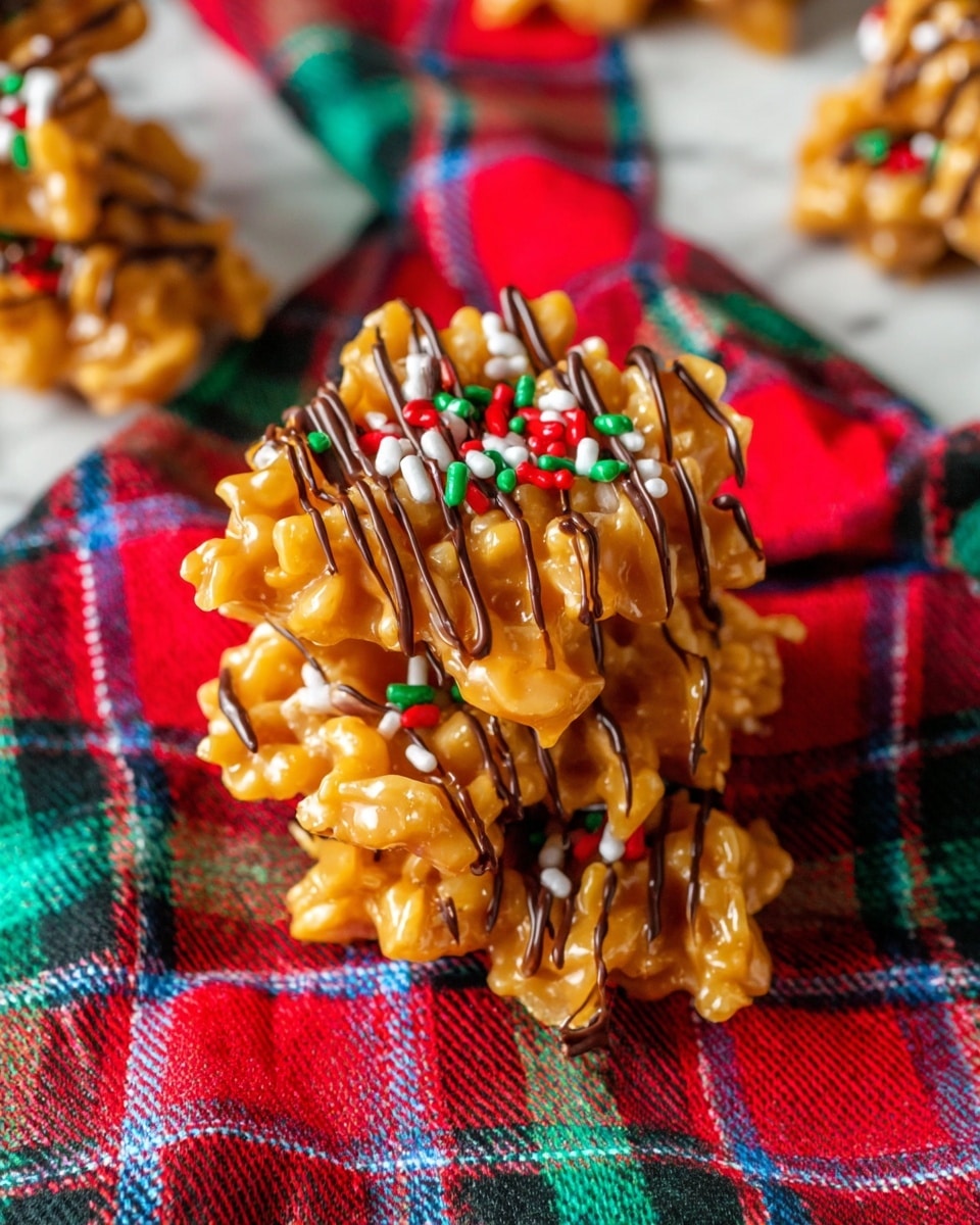The image shows a close-up of a single cluster of golden-brown crispy treats made from layered, irregularly shaped pieces coated in a shiny caramel or butterscotch glaze, piled into a small mound. Thin dark chocolate lines are drizzled unevenly over the top, adding contrast, while colorful red, white, and green sprinkles decorate the surface, giving a festive look. The cluster sits on a white plate that is placed on a bright red, green, blue, and white plaid cloth with a soft texture. The background has a white marbled texture. photo taken with an iphone --ar 4:5 --v 7