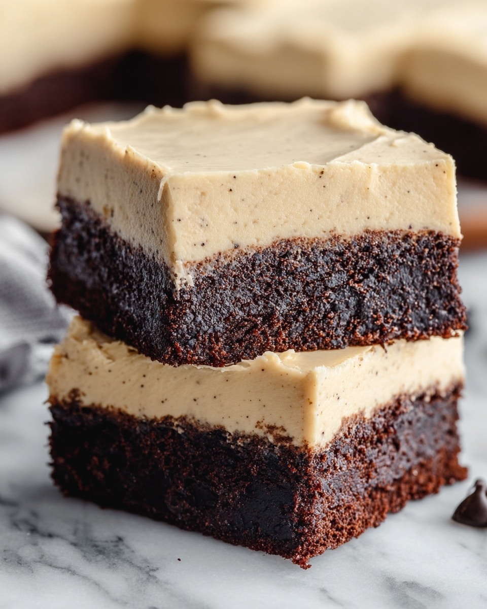 Two thick square pieces of dessert stacked on each other, each with two layers: the bottom layer is dark brown, dense, and crumbly like a rich chocolate brownie, while the top layer is a thick, creamy light beige frosting with a smooth texture and small specks visible inside. The edges of the frosting layer are slightly uneven, showing a soft, spread look. The dessert sits on a white marbled surface with blurred objects in the background. photo taken with an iphone --ar 4:5 --v 7