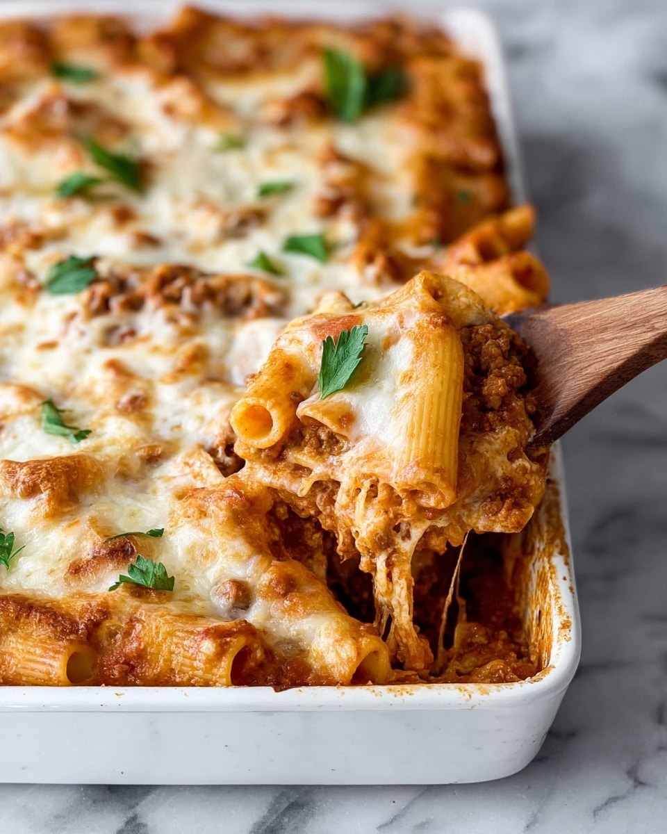 A white rectangular baking dish filled with baked pasta that has two visible layers: the bottom layer is thick pasta tubes mixed with red tomato sauce, showing slightly around the edges; the top layer is creamy melted white cheese evenly spread, covering the pasta beneath and lightly browned in some spots. The dish sits on a white marbled surface photo taken with an iphone --ar 4:5 --v 7