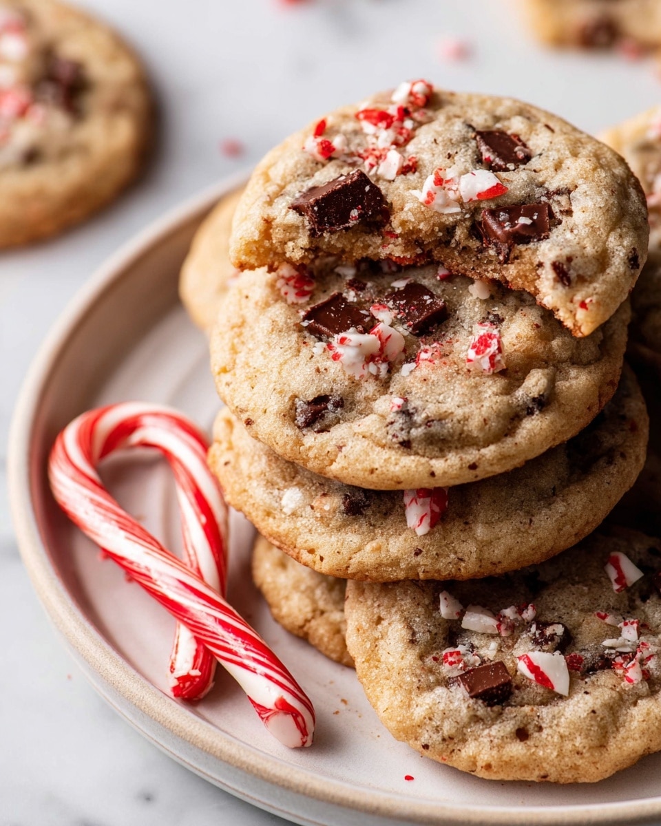The image shows two soft, round cookies stacked on each other on a black textured surface replaced by white marbled texture. Each cookie is light brown with a slightly rough texture, studded with chunks of dark chocolate and small pieces of red and white crushed peppermint. The top cookie has a bite taken out, revealing a moist, chewy inside with melted chocolate visible in the center. Around the cookies, there are some crumbs scattered. Photo taken with an iphone --ar 4:5 --v 7