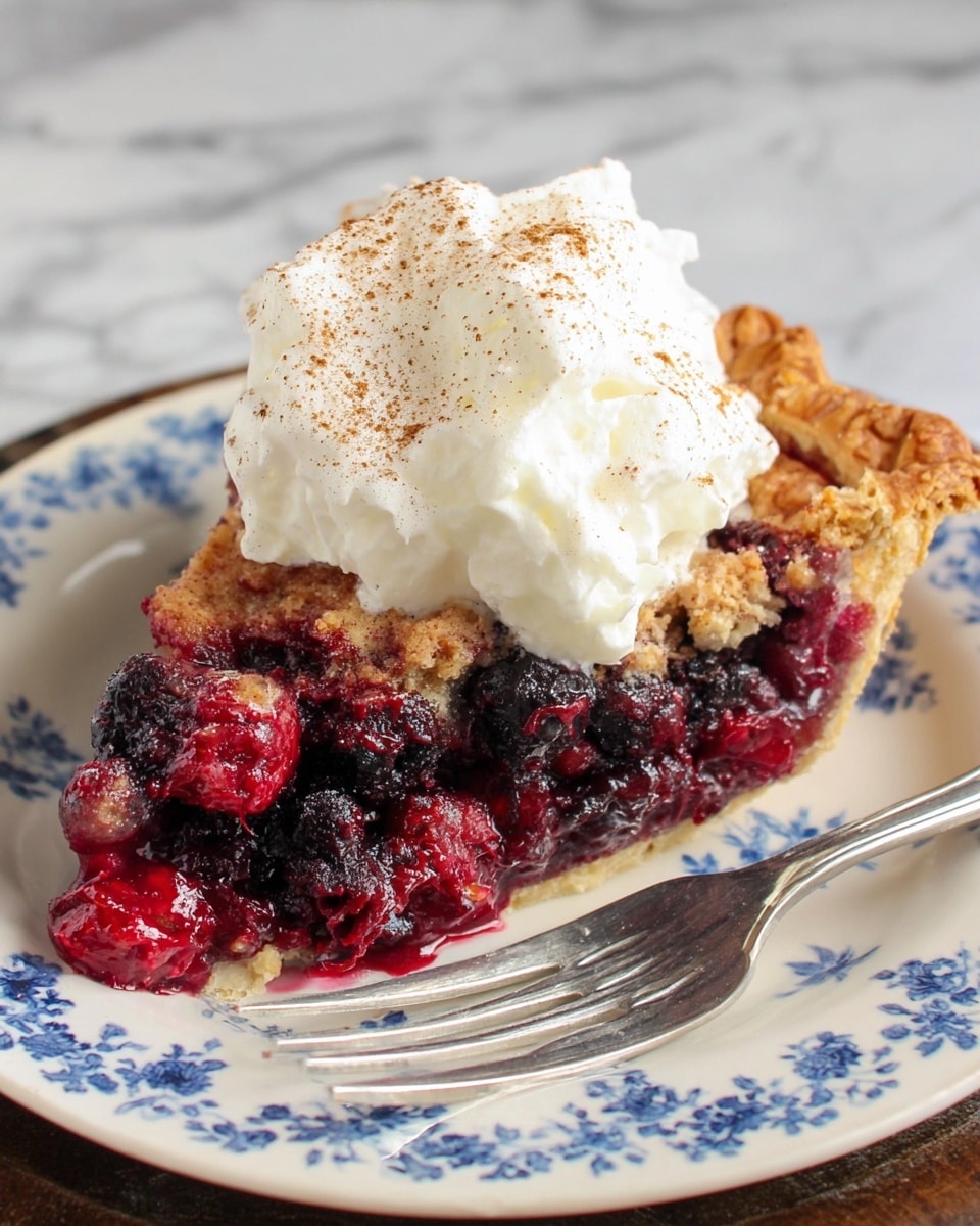 A slice of berry pie with a crumbly, light tan crust base holds a thick, chunky layer of mixed dark purple and bright red berries, giving a rich, textured look. On top of the berries, there is a large, fluffy white dollop of whipped cream with a light dusting of cinnamon, adding a soft and airy contrast. The pie sits on a white plate with blue floral patterns, and a silver fork lies next to the slice. The background features a white marbled texture. photo taken with an iphone --ar 4:5 --v 7
