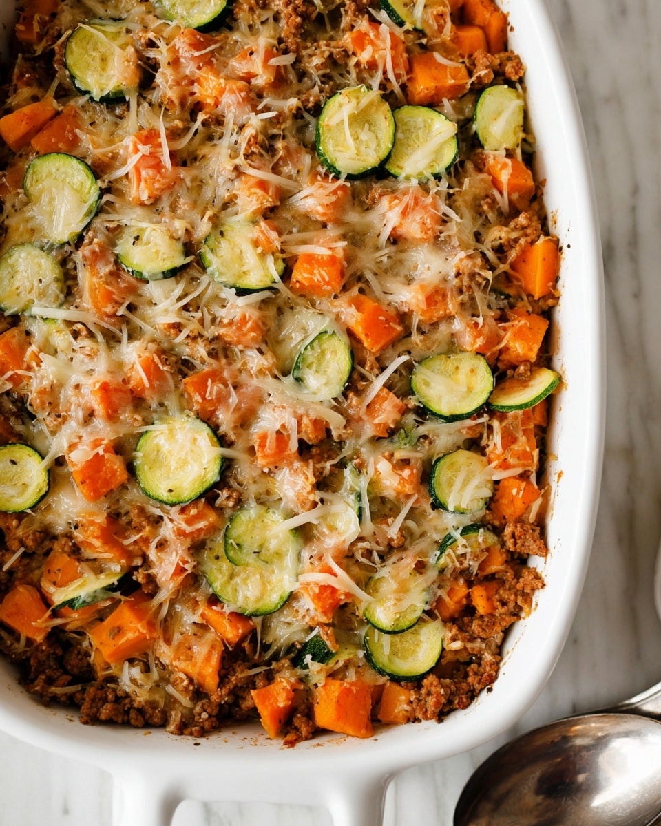 The image shows a baked casserole in a white rectangular dish, filled with a mix of ingredients that appear to have three main layers closely combined. The bottom layer looks like browned ground meat or crumbled sausage with a coarse texture. The middle layer contains diced orange sweet potatoes or carrots, cut into small cube shapes. The top layer has sliced green zucchini pieces with a soft cooked texture and melted shredded cheese scattered evenly over everything, showing slight browning and stringy cheese strands. The dish sits on a white marbled surface, with a silver spoon on the side. Photo taken with an iphone --ar 4:5 --v 7