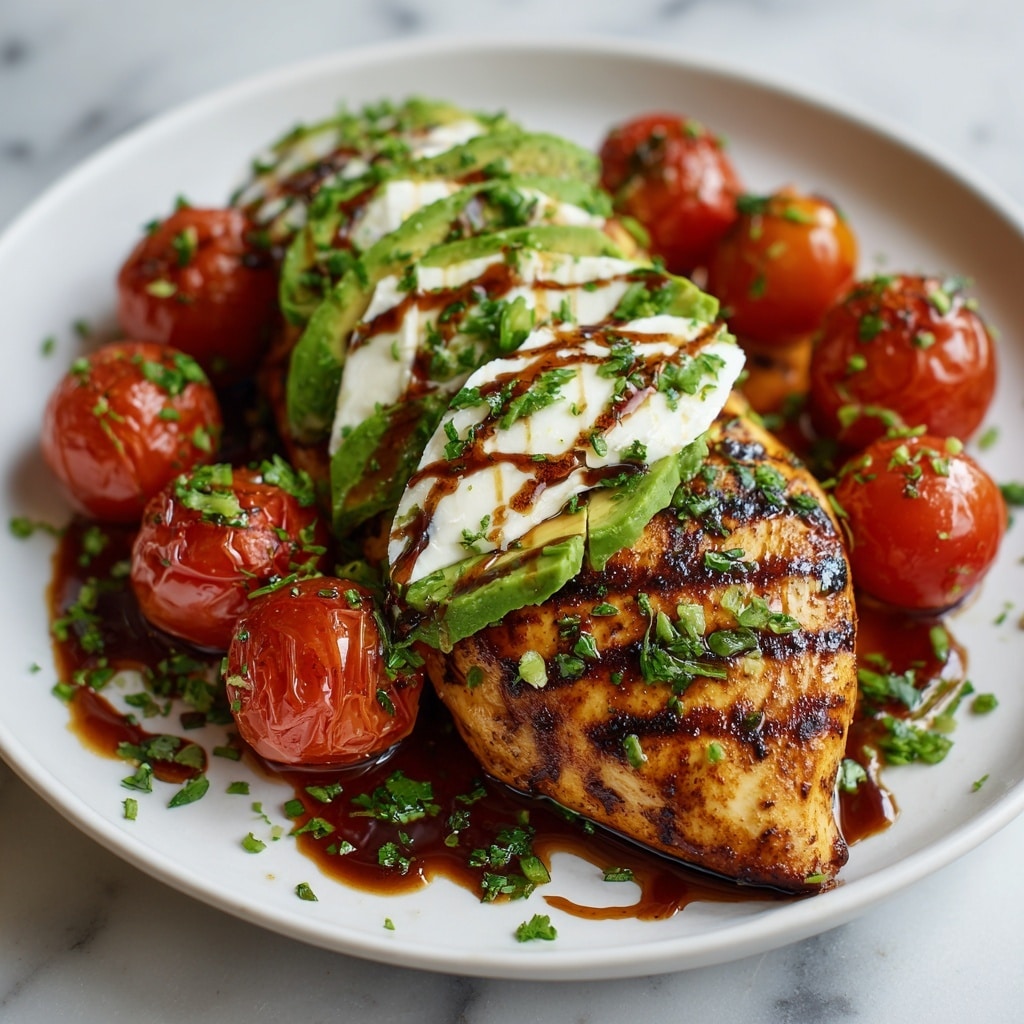 The dish shows two thick, grilled chicken breasts with dark grill marks as the bottom layer on a white plate. On top, there are slices of green avocado with a creamy texture and white pieces of cheese, both slightly charred with grill lines. Bright red grilled cherry tomatoes, some halved, are scattered over the chicken and avocado layers. The dish is garnished with small green chopped herbs and drizzled with a dark brown balsamic glaze, creating a glossy and rich look. The plate rests on a white marbled surface. photo taken with an iphone --ar 4:5 --v 7