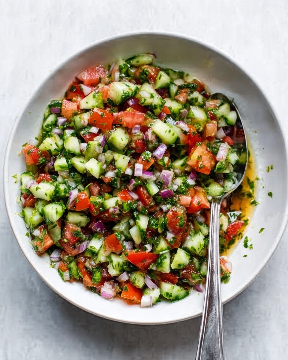 A white bowl filled with a colorful mix of finely chopped vegetables, including bright red tomatoes, green cucumbers, and small bits of purple onion, all mixed together and covered in a light, golden liquid dressing. A silver spoon rests inside the bowl, partially submerged in the salad. The bowl is placed on a white marbled surface. Photo taken with an iphone --ar 4:5 --v 7