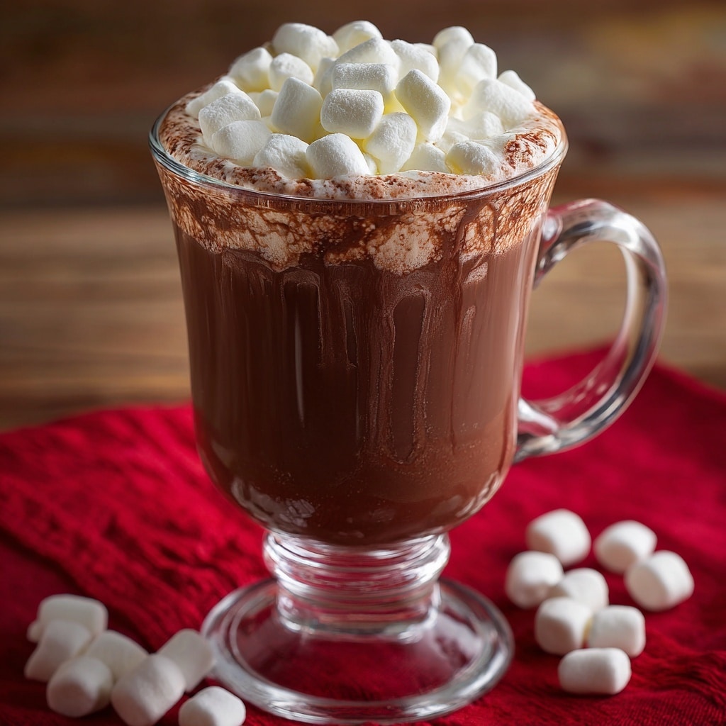 A clear glass cup with a handle filled with rich brown hot chocolate, topped with a layer of soft, white mini marshmallows that slightly melt into the drink. The drink is set on a wooden surface with a red cloth in the blurred background. Some marshmallows are scattered around the base of the cup. The glass shows the texture and thickness of the hot chocolate inside. Photo taken with an iphone --ar 4:5 --v 7