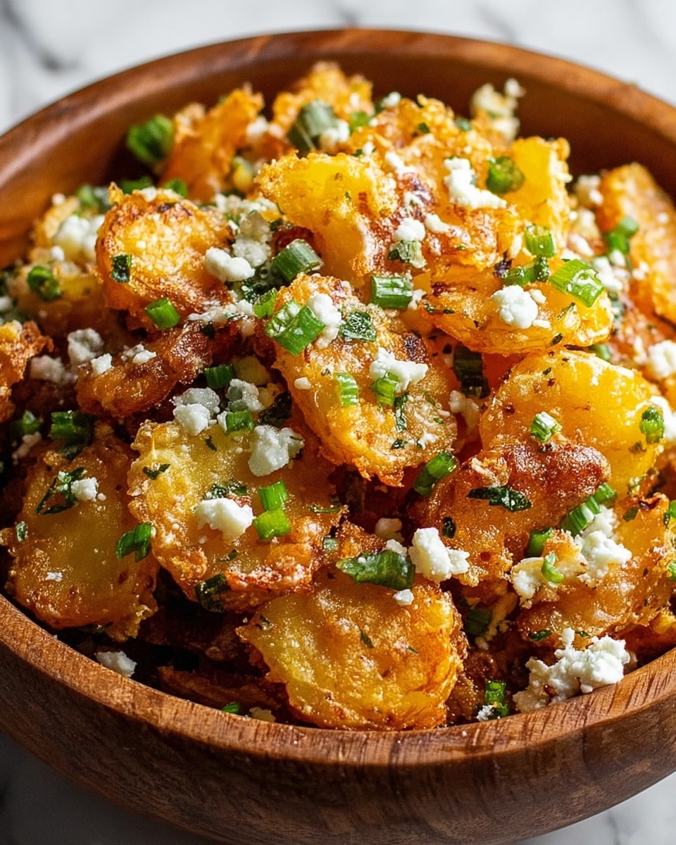 The image shows a close-up of a round wooden bowl filled with crispy golden potato slices layered with small white crumbled cheese and chopped green onions. The potatoes have a rough, crunchy texture with some pieces slightly browned. The cheese is scattered unevenly over and between the potatoes, creating small white patches. The chopped green onions add bright green specks all over the dish. The bowl sits on a white marbled surface, enhancing the warm colors of the food. photo taken with an iphone --ar 4:5 --v 7