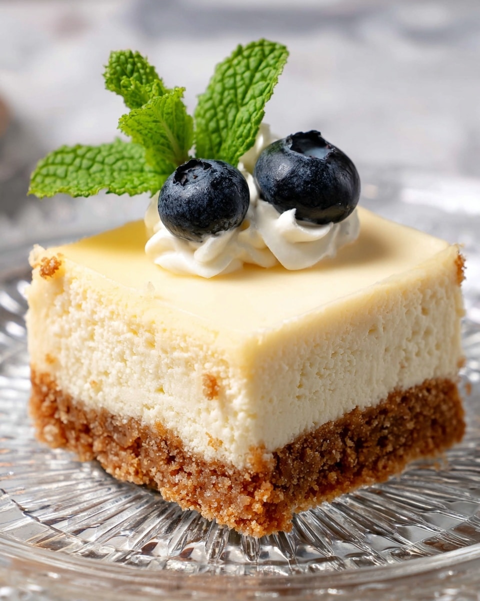 A square slice of cheesecake with two layers is shown on a white plate with a clear glass design. The bottom layer is a crumbly brown crust, and the top layer is a thick, creamy off-white cheesecake. On top, there is a small dollop of white cream, two round dark blue blueberries, and a sprig of fresh green mint leaves. The background has a white marbled texture. Photo taken with an iphone --ar 4:5 --v 7