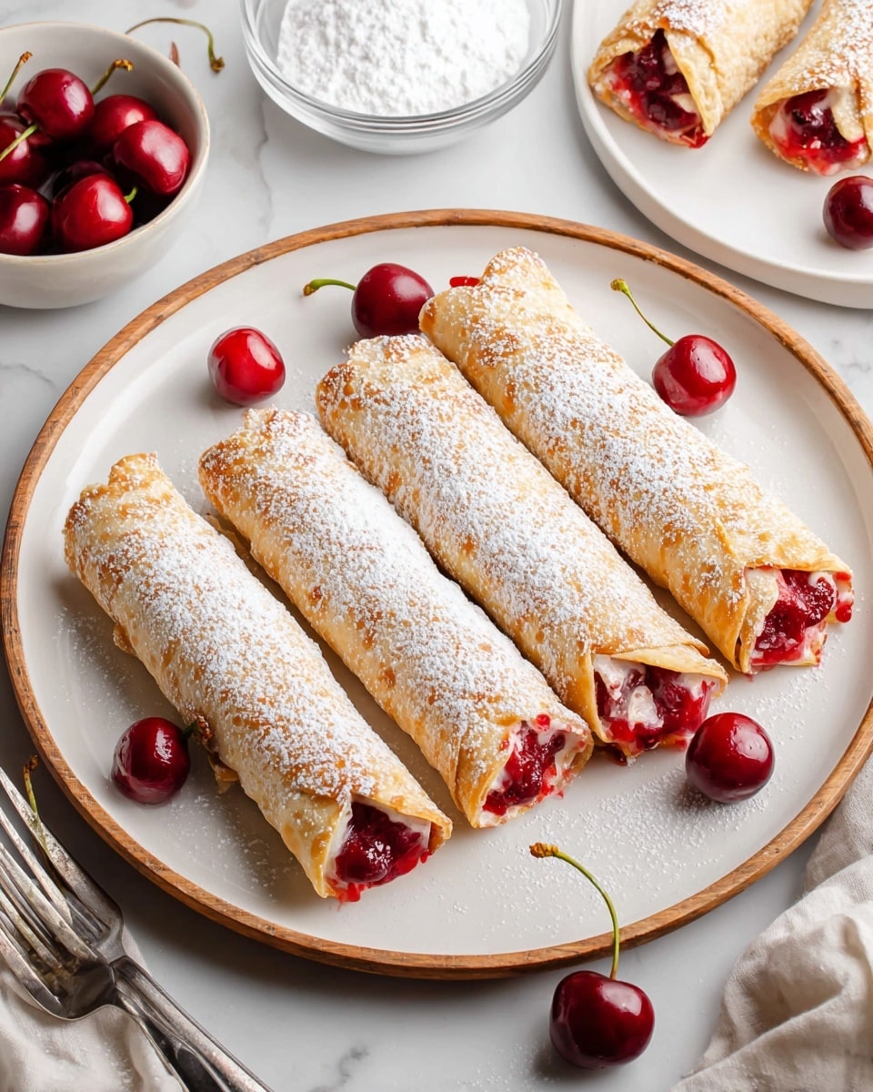 The image shows six rolled pastries on a large white plate with a wooden rim, arranged side by side in a neat row. Each pastry is golden brown with a slightly crisp texture and dusted with white powdered sugar on top. Bright red cherries peek out from both ends of each roll, adding a juicy and colorful contrast. Around the plate, whole cherries are scattered for decoration. In the background, there is a smaller white plate holding two more pastry pieces with visible cherry filling, alongside a metal fork on a white marbled surface. A clear bowl filled with powdered sugar sits nearby, enhancing the fresh and inviting look. Photo taken with an iphone --ar 4:5 --v 7