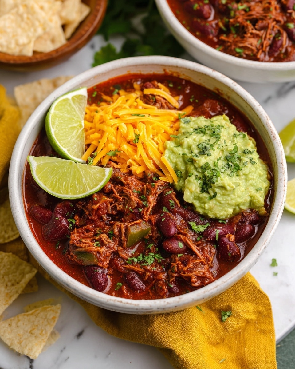 A white bowl filled with a rich, chunky chili made of shredded meat, dark red kidney beans, and pieces of green bell pepper in a thick reddish-brown sauce, sprinkled with chopped fresh green herbs on top. Over one side of the chili, there is a bright mound of light green guacamole with small green herb pieces on it. Next to the guacamole, there is a layer of shredded orange cheddar cheese. On the edge of the bowl, two lime wedges rest, showing their pale green-yellow juicy inside. The bowl sits on a white marbled surface, with tortilla chips blurred in the background and a folded yellow cloth partially underneath the bowl. photo taken with an iphone --ar 4:5 --v 7