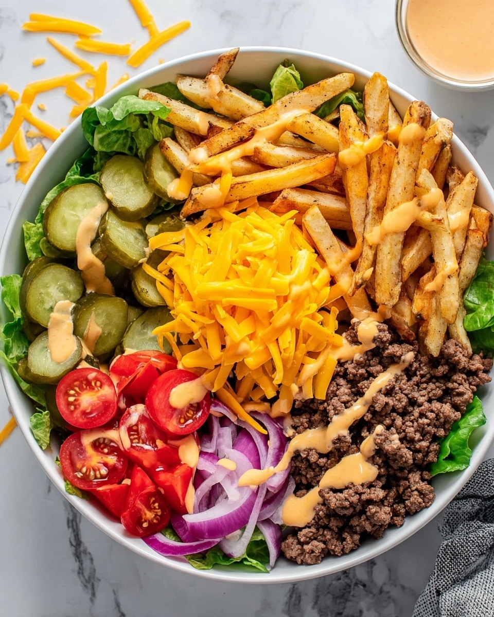 A white bowl shows a layered salad with six parts: at the top left, golden-brown fries drizzle with a light pink sauce; next to it, crumbled brown cooked ground meat also topped with the same sauce; to the top right, thin slices of red onion; to the right bottom corner, red grape tomatoes cut in half; bottom middle features sliced green pickles on leafy green lettuce; and bottom left is a pile of shredded bright orange cheddar cheese. The same pink sauce is drizzled over several sections. Around the bowl, there is a plate with shredded cheddar cheese on a white marbled surface, and a small white cup filled with more pink sauce sits on a small white saucer with a spoon resting inside. photo taken with an iphone --ar 4:5 --v 7