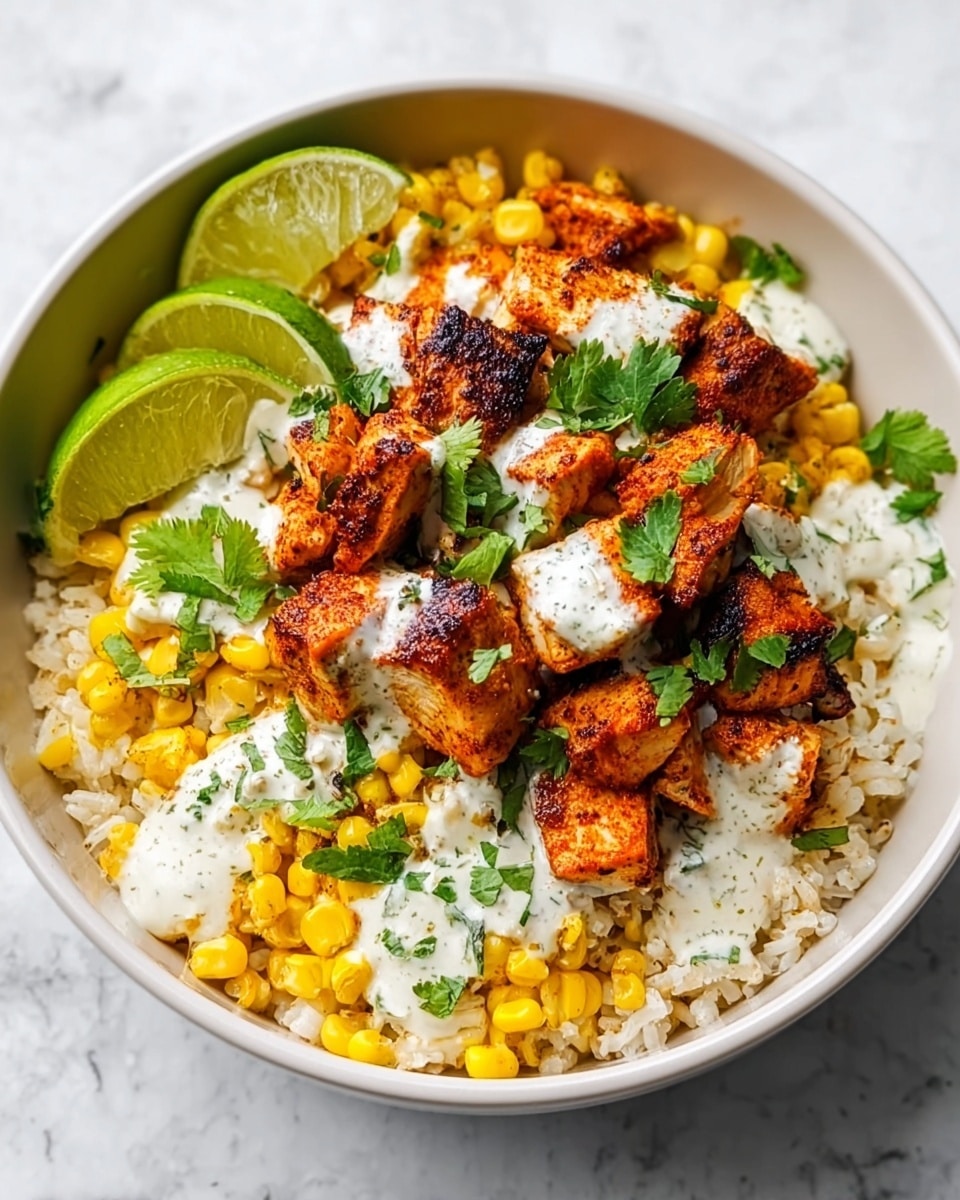 A white bowl sits on a white marbled surface, filled with layers of food. The first layer at the bottom is fluffy white rice, topped with bright yellow roasted corn kernels mixed with small bits of chopped red onion. On top of the corn are pieces of grilled chicken, browned with some charred edges, drizzled with white creamy sauce. Fresh green chopped cilantro is sprinkled over everything, and two lime wedges rest on the side inside the bowl. Around the bowl are a few cilantro leaves and scattered red spice powder. A small white bowl filled with red spice paste is also nearby. photo taken with an iphone --ar 4:5 --v 7