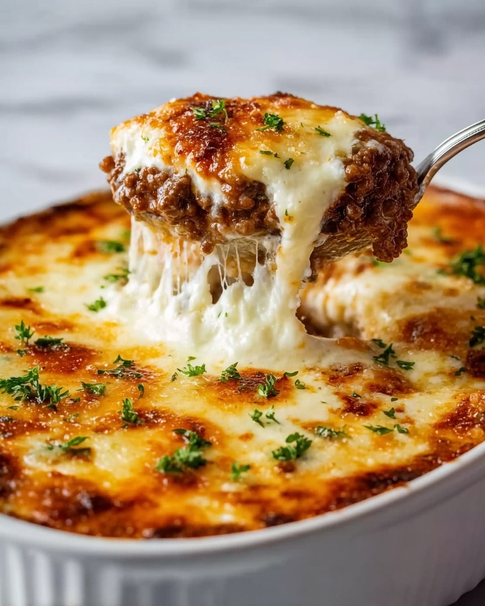 A white round ceramic dish holds a casserole with a golden-brown top layer that looks crispy and baked. The casserole slice on a spoon reveals three layers: the top layer is melted cheese, light golden with small green pepper pieces scattered on it; the middle layer is creamy white, smooth in texture; the bottom layer is a mix of cooked ground meat, dark brown with bits of red and green bell peppers. The spoon is lifting the casserole from the dish, showing all layers clearly. The setting is on a white marbled surface. Photo taken with an iphone --ar 4:5 --v 7