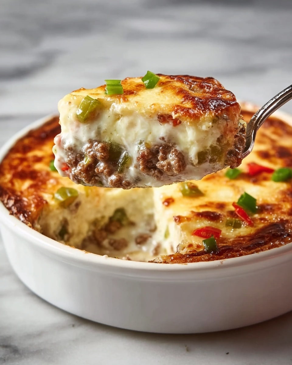 The image shows a close-up of a white dish filled with a baked layered meal. The bottom layer is brown ground meat, topped with a thick, creamy white sauce layer. On top, there is a golden-brown melted cheese layer with crispy spots and fresh green parsley sprinkled across. A spoon lifts a portion, revealing gooey, stretchy cheese pulling away from the main dish. The dish rests on a white marbled surface, and the lighting highlights the rich colors and textures. Photo taken with an iphone --ar 4:5 --v 7