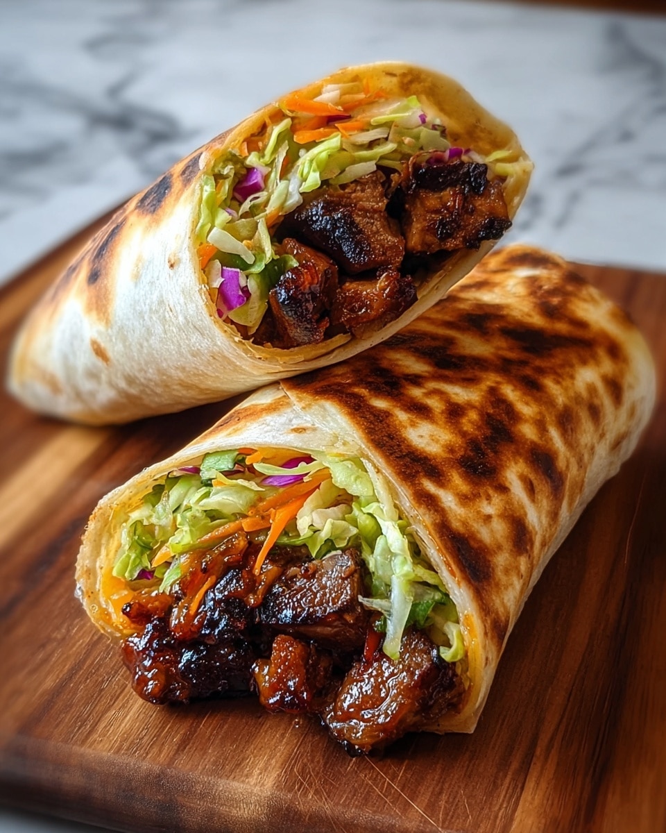Two grilled burrito halves sit on a wooden board atop a white marbled surface, each revealing the colorful layers inside. The outer layer is a light brown, slightly toasted tortilla with darker char marks. Inside, the first layer shows dark grilled chunks of meat with a shiny glaze. Above the meat, fresh shredded lettuce and thin orange carrot shreds, mixed with small bits of purple cabbage, add a crisp, vibrant touch. The layers are packed tightly, with the tortilla holding everything in a firm wrap. Photo taken with an iphone --ar 4:5 --v 7