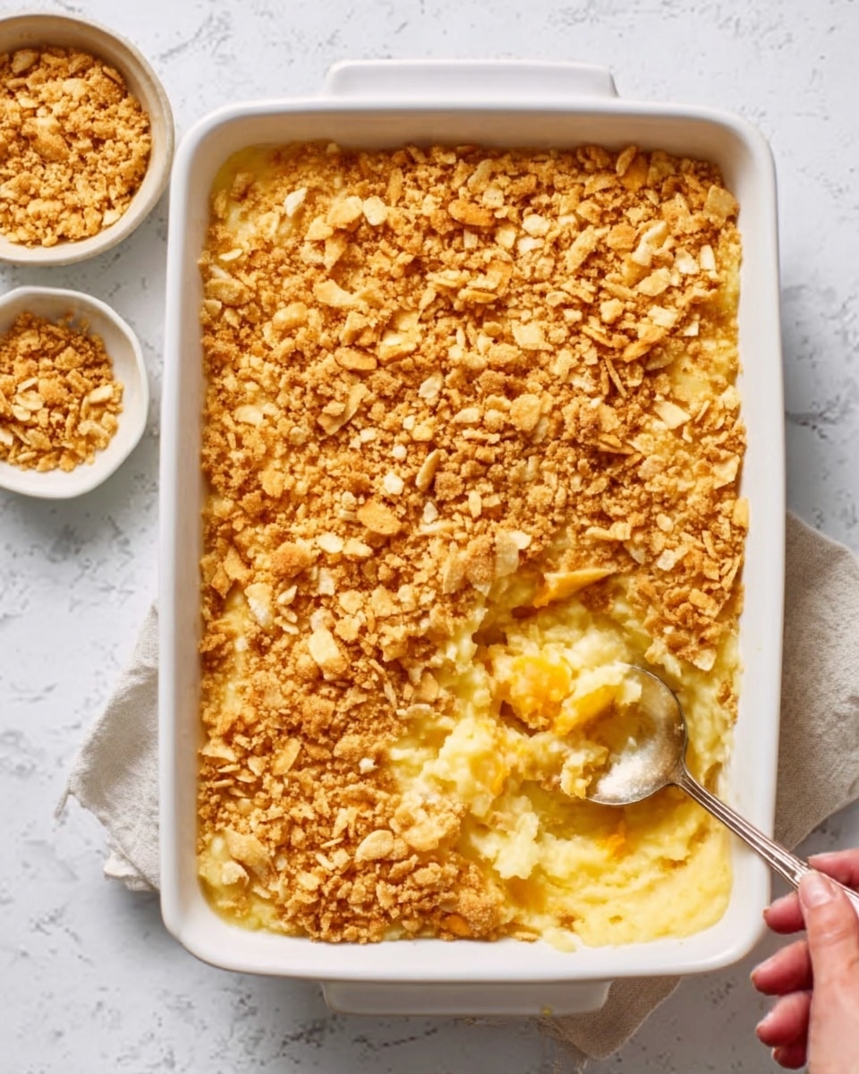 A close-up of a white square dish filled with a warm crumble dessert. The top layer is golden brown with a crumbly texture made of baked streusel, showing bits of crispiness and small oats. Underneath, there is a thick, soft layer of cooked fruit filling that is light yellow, slightly juicy, and looks tender. A silver spoon inside the dish holds a portion showing both the crumb topping and the soft filling beneath. The dish is set on a white marbled surface. photo taken with an iphone --ar 4:5 --v 7