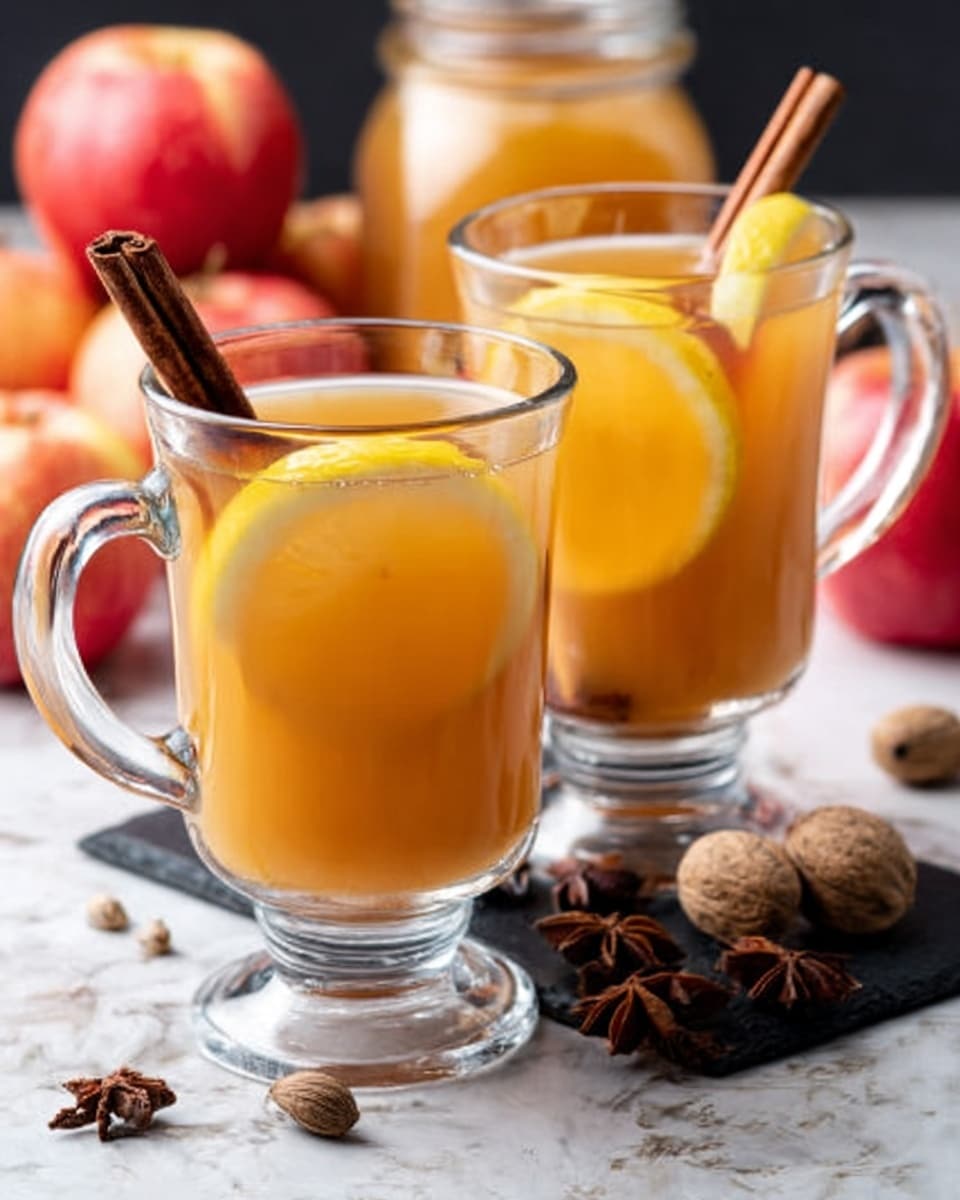 The image shows two clear glass mugs filled with a warm orange-yellow drink, likely spiced apple cider. Each mug has a thin slice of lemon floating on top, with a cinnamon stick standing inside, leaning against the side. The mugs sit on a white marbled surface with a black slate board underneath, scattered with whole nutmeg and star anise. In the background, red apples and a glass jar filled with the same drink add depth, all softly lit. Photo taken with an iphone --ar 4:5 --v 7