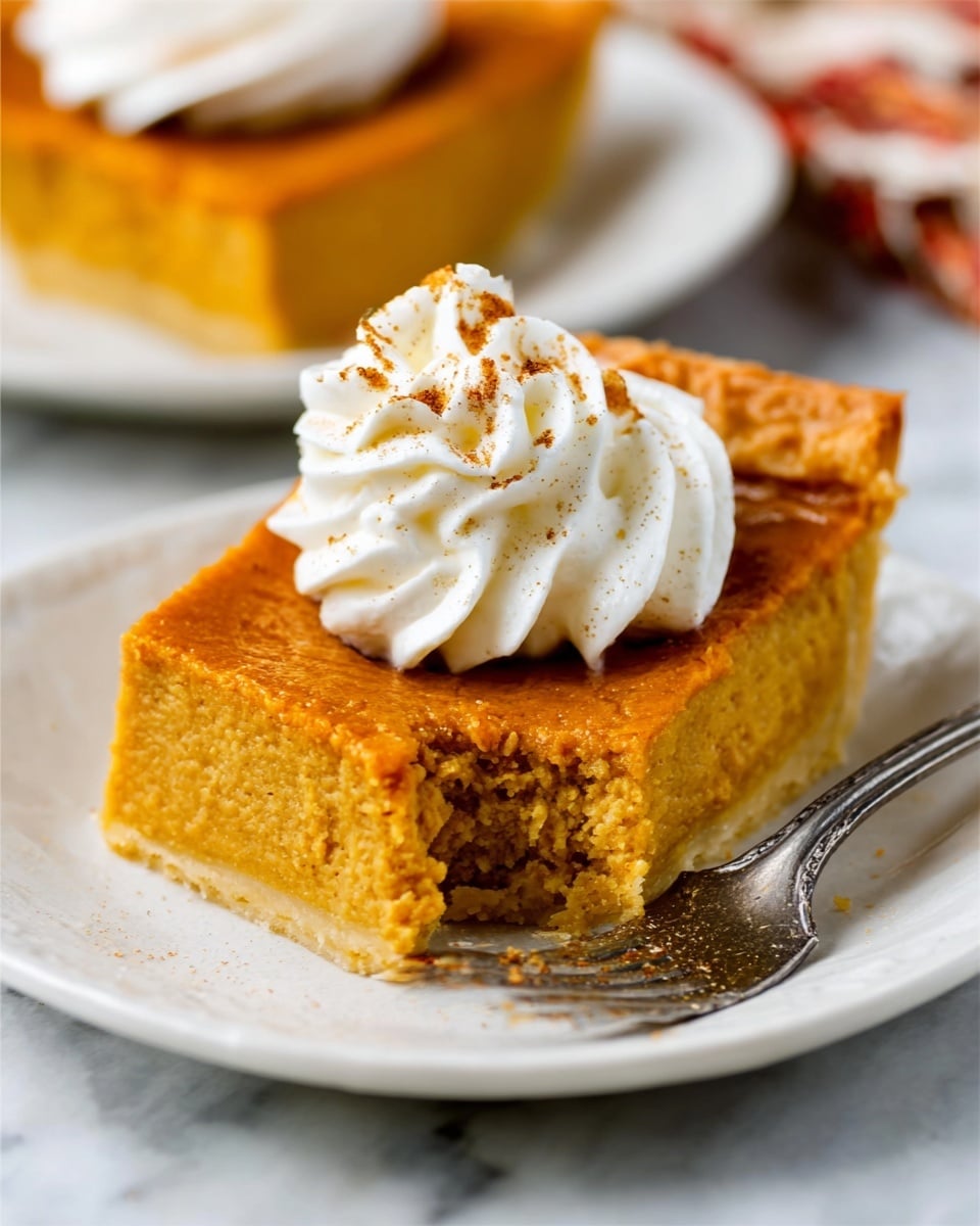 A slice of orange pumpkin pie with a thick golden-brown crust is placed on a white plate. On top of the pie slice, there is a swirl of white whipped cream sprinkled with small brown nutmeg pieces. The texture of the pie looks smooth and soft, with a slightly crumbly edge where a bite has been taken, shown by a silver fork near the slice. The background is a white marbled texture. Photo taken with an iphone --ar 4:5 --v 7
