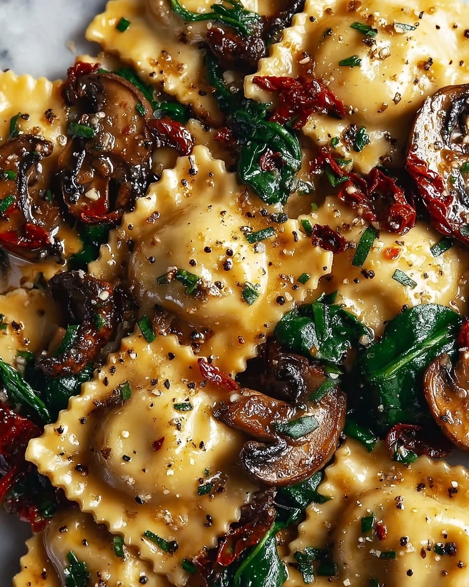 The image shows a close-up of round ravioli with crimped edges, each piece a light golden yellow color. Mixed with the ravioli are slices of cooked mushrooms, dark brown and glossy, wilted deep green spinach leaves, and small pieces of sun-dried tomatoes, a deep red color. The dish appears to be coated in a light brown sauce with visible herbs sprinkled evenly over it, adding small green flecks. The overall texture looks soft and moist with a slight shine from the sauce, and the ingredients are closely packed together on a white marbled surface. Photo taken with an iphone --ar 4:5 --v 7