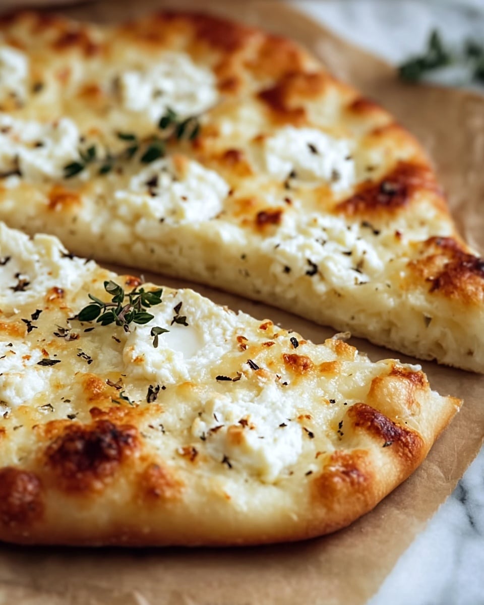 A close-up image of a flatbread pizza on a piece of brown parchment paper, which sits on a white marbled surface. The pizza has one thick crust layer with light golden brown edges. The top layer shows melted white cheese that is bubbly and browned in spots, with dollops of creamy white cheese spread unevenly. Small black herb flakes are sprinkled across the cheese, and a small sprig of fresh green herb is placed near the center. The textures highlight the soft, creamy cheese contrasting with the slightly crispy browned spots and the fluffy crust. Photo taken with an iphone --ar 4:5 --v 7