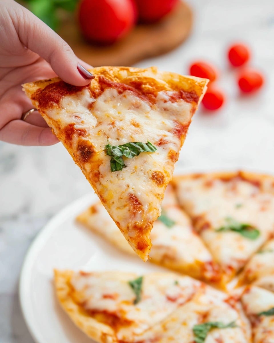 A small pizza sits on a piece of white parchment paper placed on a rusty metal baking tray. The pizza has a golden-brown thick crust, topped with a bright red tomato sauce spread evenly underneath a layer of melted white cheese that covers most of the surface with some red peeking through. The baking tray rests on a white marbled textured surface, creating a clean contrast to the aged tray and the vibrant pizza. photo taken with an iphone --ar 4:5 --v 7
