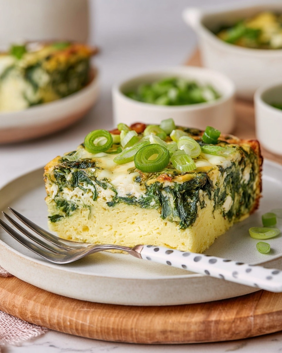 A thick square slice of layered spinach and cheese egg casserole sits on a white plate placed on a wooden board. The bottom layer is a smooth, light yellow egg base, topped by a middle layer filled with green, leafy spinach mixed with white cheese bits, giving a textured and slightly creamy look. The top layer is golden brown and lightly crisped cheese with some browned spinach pieces, garnished with thin rings of green onion scattered on top. A fork with a white handle and dark dots lies next to the casserole piece. In the background, blurred white bowls with green ingredients rest on a white marbled surface. Photo taken with an iphone --ar 4:5 --v 7