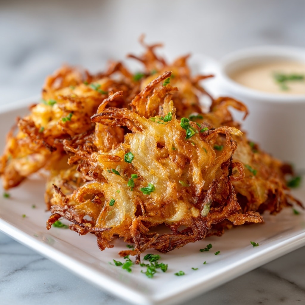 The image shows a close-up of a crispy, golden-brown fritter piled on a white square plate. The fritter is made of thin, irregular strands, giving it a rough, crunchy texture with some darker browned edges. Small green herb pieces are sprinkled lightly on top and around the fritter, adding color contrast. In the background, blurred and sitting on a white marbled surface, there is a small white bowl containing a light-colored dipping sauce. photo taken with an iphone --ar 4:5 --v 7