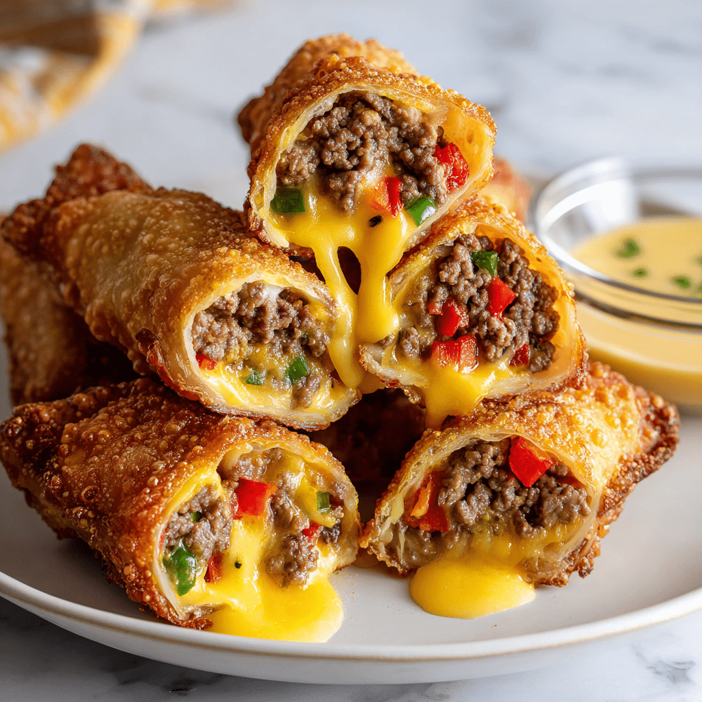 The image shows a white plate on a white marbled surface holding several fried rolls cut in half, revealing three main layers inside each piece. The outer layer is a golden-brown, crispy fried shell with a rough texture. Inside, the middle layer consists of seasoned minced meat with a dark brown color and small bits of green herbs and red peppers. The innermost layer is melted yellow cheese that looks creamy, oozing slightly out of the cut rolls. Next to the rolls is a clear white bowl filled with bright yellow cheese sauce. photo taken with an iphone --ar 4:5 --v 7