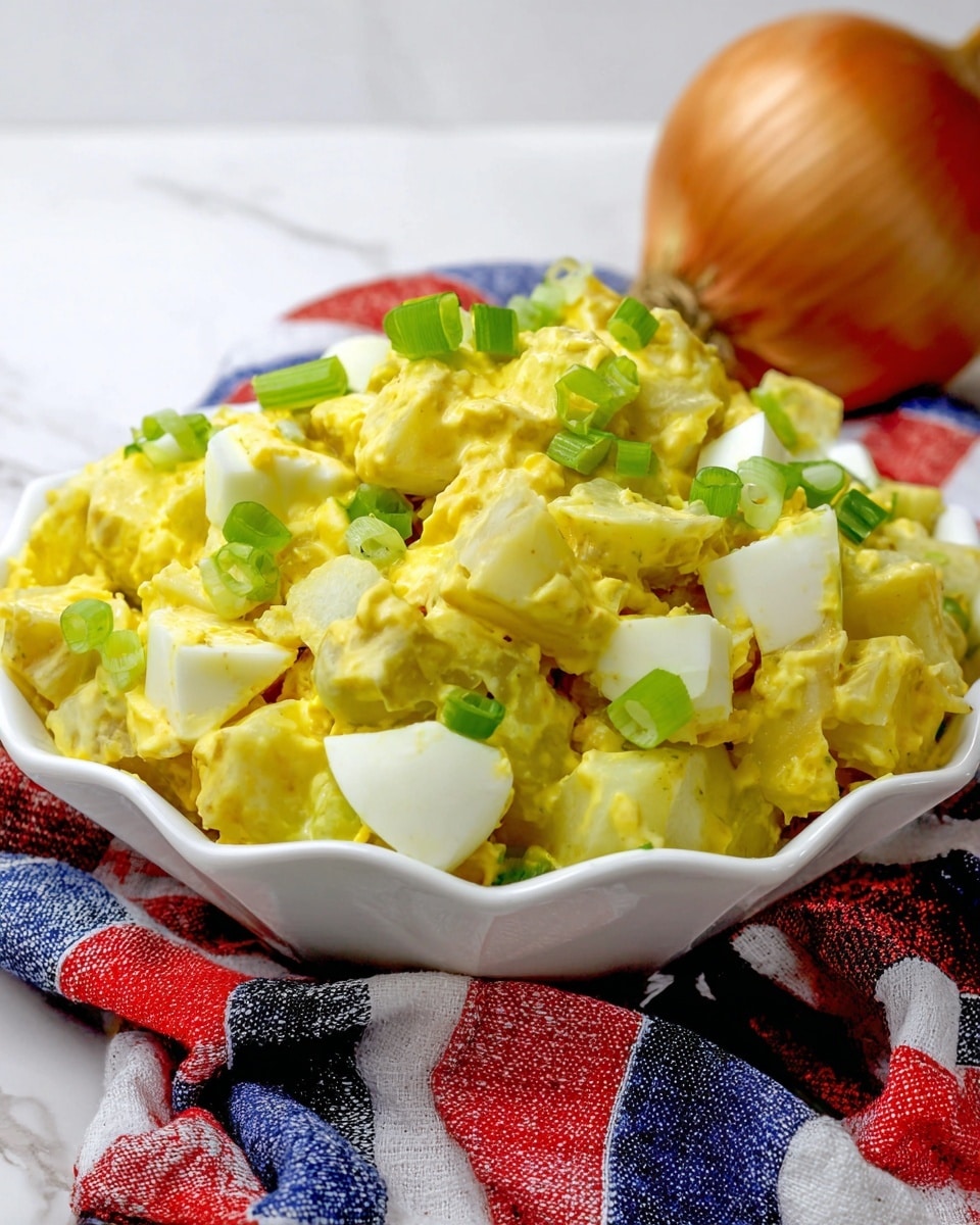 A white scalloped bowl filled with a chunky potato salad sits on a crumpled red, white, and blue checkered cloth over a white marbled surface. The salad shows about three layers: a base of yellow potato chunks coated in a creamy, smooth yellow dressing, mixed evenly with white pieces of hard-boiled eggs, and pieces of pale green celery scattered throughout. Bright green chopped scallions top the salad, adding a fresh pop of color. In the background, a large brown onion is slightly blurred against a plain white background. Photo taken with an iphone --ar 4:5 --v 7