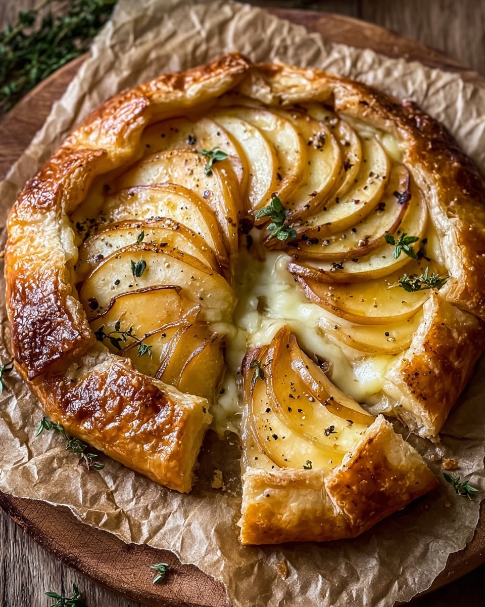 A golden-brown puff pastry tart with a raised, crispy edge forms the base. Inside, thin, overlapping slices of caramelized apples are arranged in a circular pattern, their edges browned and glossy with a shiny glaze. Small green sprigs of thyme are scattered on top, adding a fresh contrast to the warm colors. In the center, creamy melted cheese oozes out slightly onto the pastry. The tart rests on crinkled parchment paper over a wooden board. photo taken with an iphone --ar 4:5 --v 7