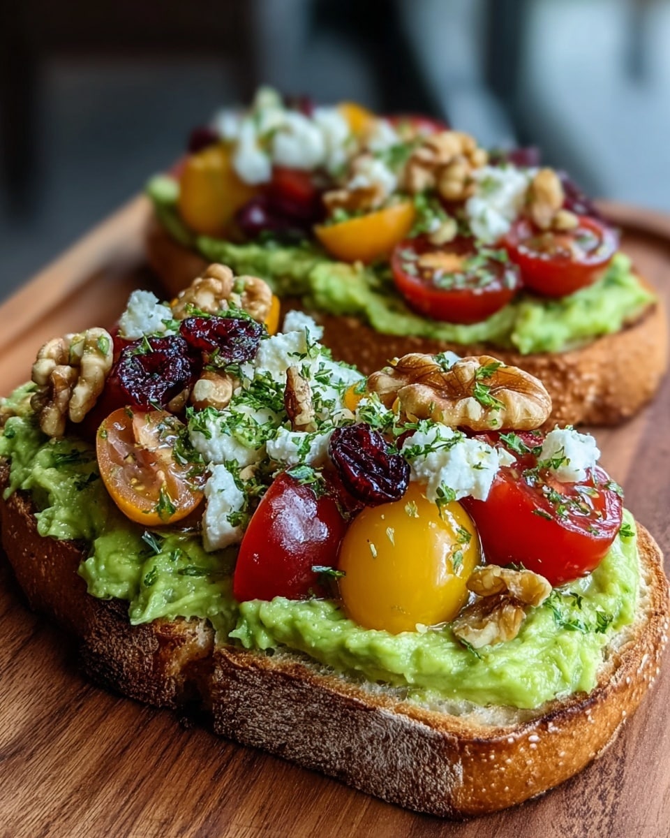 Two slices of toasted bread are laid side by side on a wooden board. Each slice has a smooth, bright green layer of mashed avocado spread evenly across the surface. On top of this, there is an arrangement of halved cherry tomatoes in red and yellow colors, scattered across the toast. Crumbled white cheese is sprinkled generously over the tomatoes, adding a soft, crumbly texture. Pieces of brown walnuts are placed on top, adding a rougher texture and earthy tone. Small bits of dark dried cranberries are mixed in, adding a deep reddish accent. The toppings are finished with tiny green herb flakes, giving a fresh and colorful look to the dish. The photo taken with an iphone --ar 4:5 --v 7