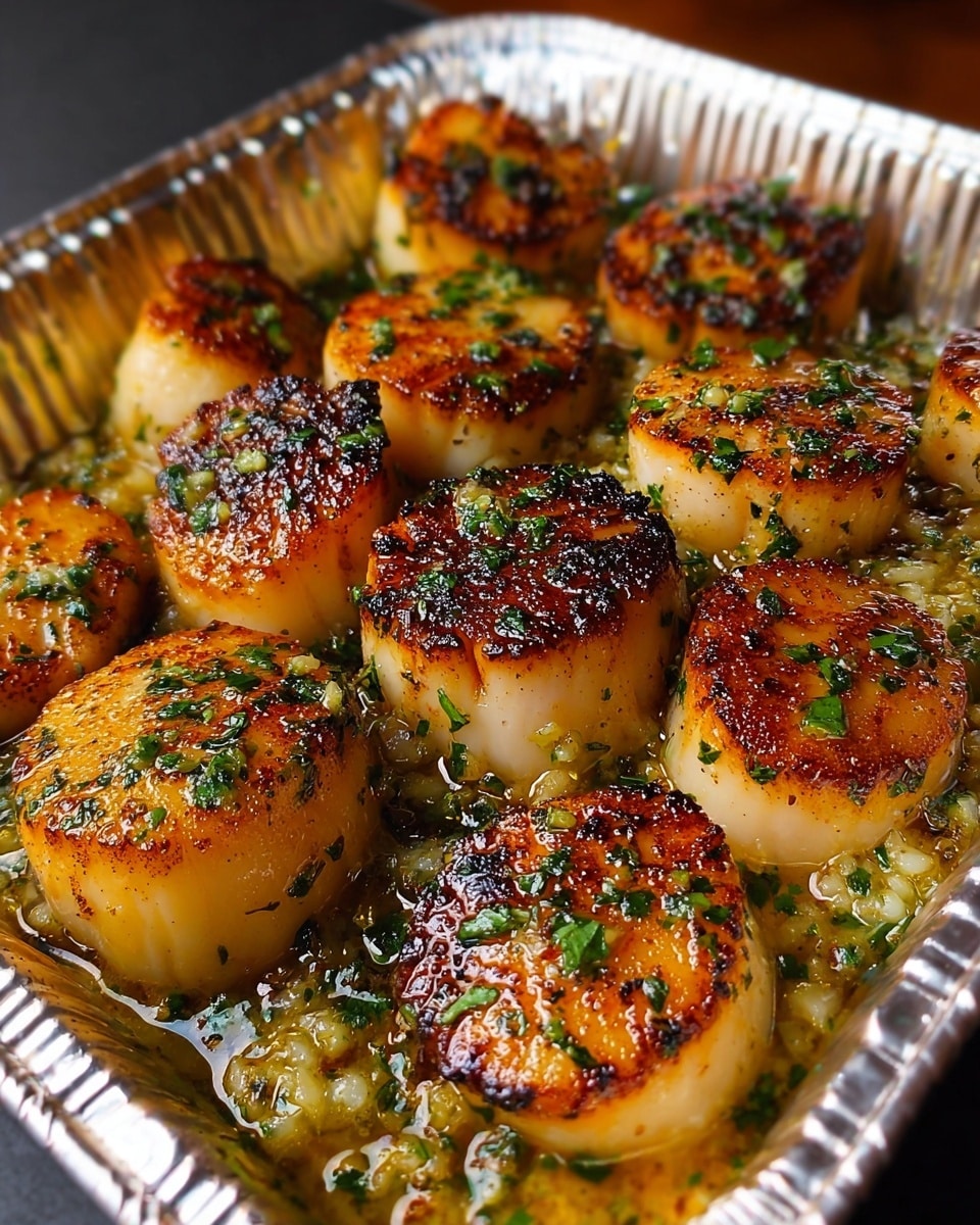 The image shows a close-up view of a rectangular silver foil tray filled with perfectly seared scallops. There are about twelve scallops in the tray, each with a golden brown crust on the top and sides, with some darker char marks giving a crispy texture. The scallops are plump and creamy white underneath the crust, sitting in a layer of melted butter mixed with finely chopped green herbs and small bits of minced garlic, which adds a shiny and slightly oily look to the dish. The herbs are sprinkled evenly on top of the scallops, creating a fresh green contrast to the warm tones of the seared seafood. The tray is set against a white marbled texture background. photo taken with an iphone --ar 4:5 --v 7