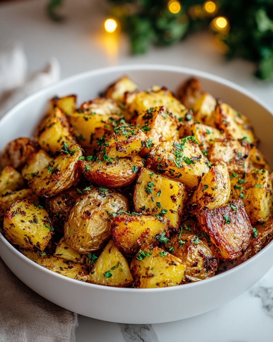 A white bowl filled with roasted potato chunks, featuring both golden yellow and light brown skin pieces, each with a crispy, browned texture. The potatoes are mixed with finely chopped green herbs scattered evenly on top, adding fresh color contrast. The bowl is placed on a white marbled surface, with warm blurred lights and some green foliage in the background, creating a cozy atmosphere. photo taken with an iphone --ar 4:5 --v 7