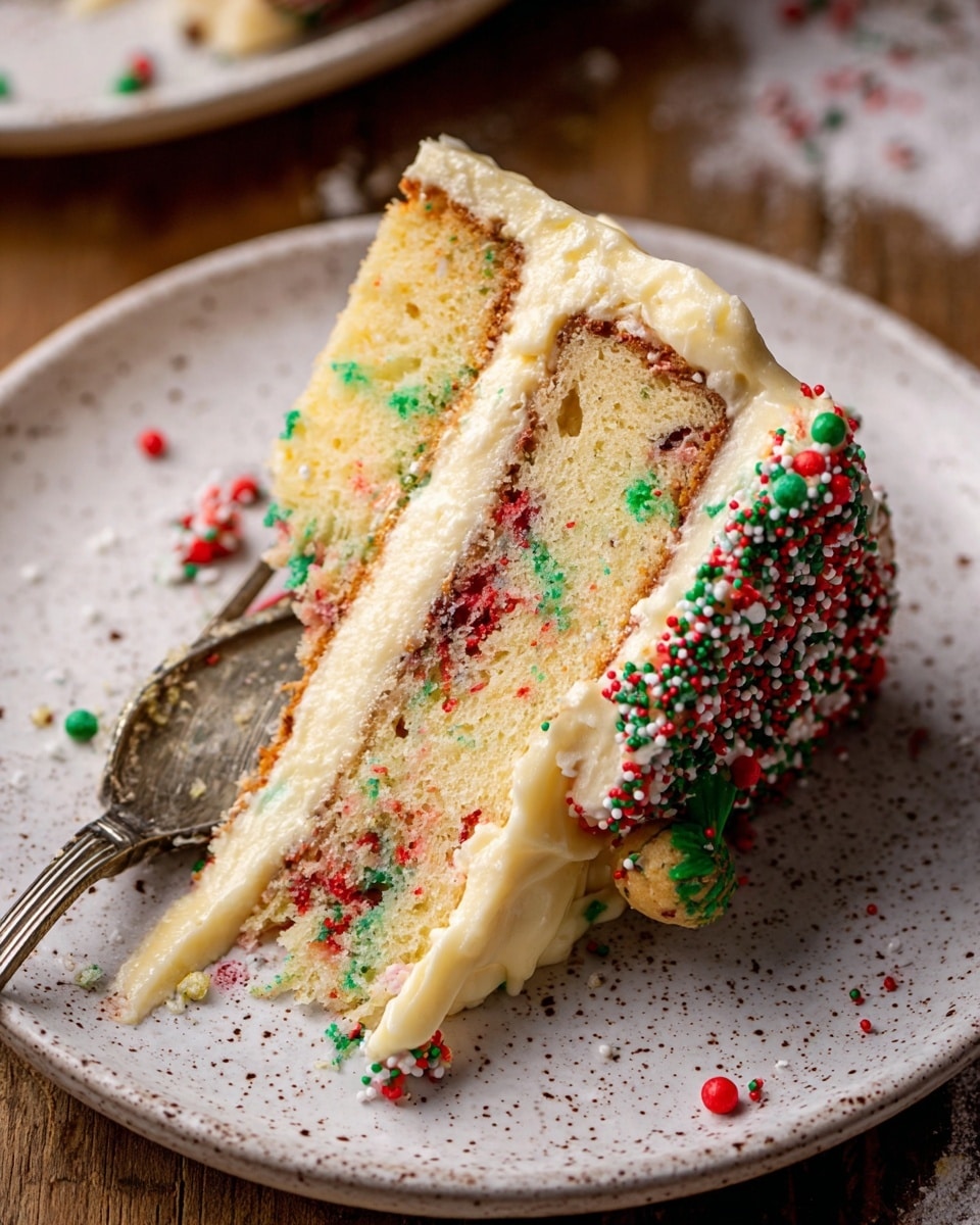 A close-up of a slice of funfetti cheesecake on a speckled white plate, layered with a crumbly, light brown cake base dotted with red and green sprinkles at the top, a thick creamy yellow cheesecake middle layer with embedded colorful sprinkles, and smooth light yellow frosting on the side covered with red, green, and white sprinkles. A silver fork rests cutting into the cheesecake near the bottom, showing the soft texture, all placed on a wooden table. Photo taken with an iphone --ar 4:5 --v 7