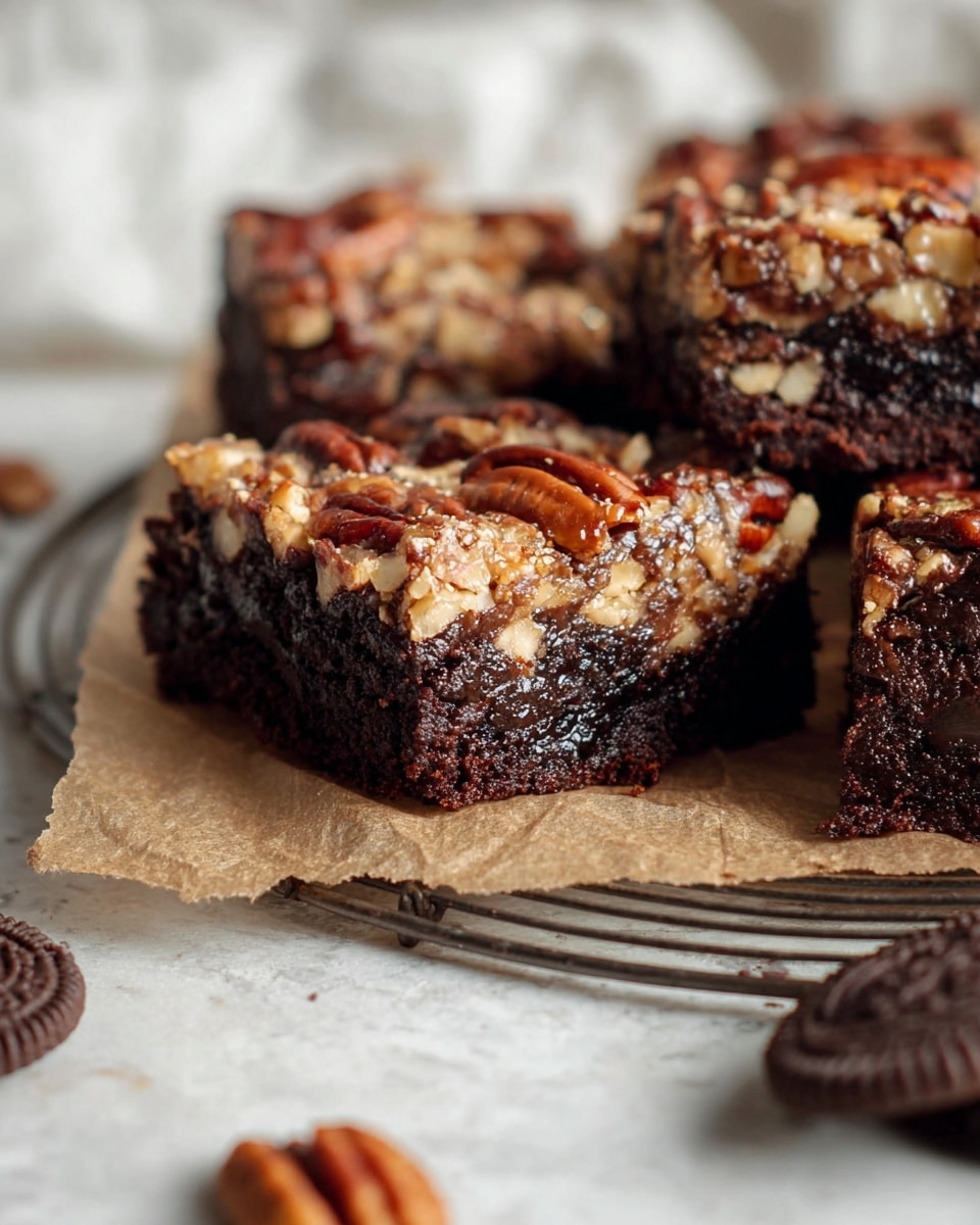A close-up of several brownie squares with a rich dark chocolate base and a glossy layer of mixed nuts, mainly pecans and walnuts, spread thickly on top. Each square shows a dense, fudgy chocolate layer beneath the slightly cracked surface of the nut topping with golden brown and reddish hues. The brownies rest on a piece of parchment paper placed on a round metal cooling rack. The background is a white marbled texture with some blurred chocolate cookies visible in the foreground. Photo taken with an iphone --ar 4:5 --v 7