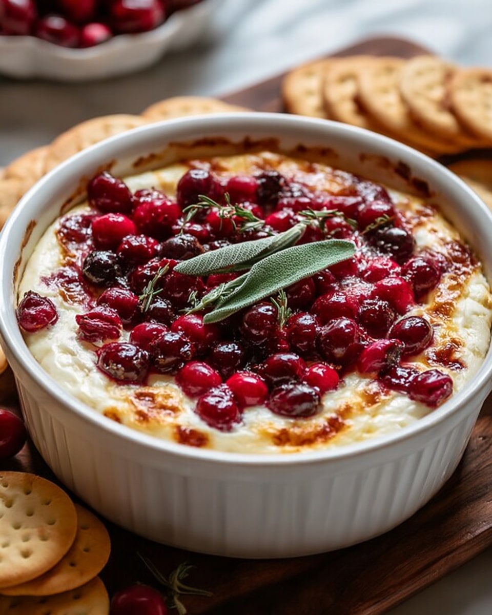 A baked dish presented in a white round ceramic baking dish with a slightly scalloped edge, featuring a two-layered look. The bottom layer is creamy white with a slightly browned and bubbly texture along the edges, suggesting melted cheese or a creamy base. The top layer is a vibrant mix of glossy, bright red cranberries scattered evenly across the surface, with some appearing darker and more cooked. A small sprig of fresh green rosemary sits in the center, adding a pop of green against the red and white. The dish is placed on a dark wooden board, surrounded by golden-brown round crackers and a few loose cranberries, all set on a white marbled surface. Photo taken with an iphone --ar 4:5 --v 7