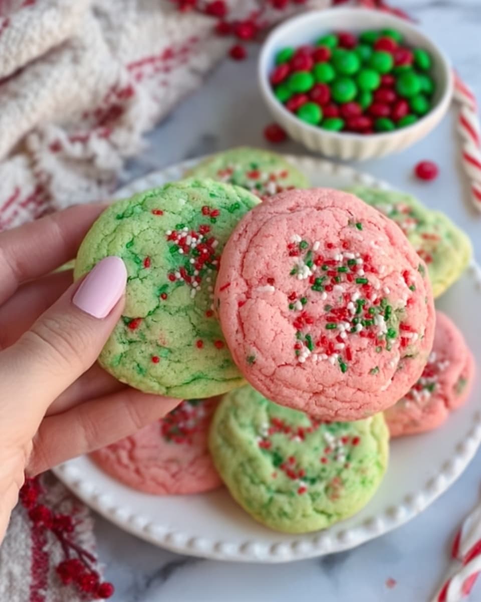The image shows a white plate filled with two types of soft-looking cookies: one set is pink, and the other set is green, each dotted with small red and green candy pieces. The cookies are slightly thick, with a smooth but slightly bumpy surface, stacked evenly in layers on the plate. A woman's hand is holding one pink cookie up close, showing its fluffy texture and the bright candy bits within. In the background, there is a small white bowl filled with white frosting topped with red and green sprinkles, and some scattered candies on a white marbled surface. Photo taken with an iphone --ar 4:5 --v 7