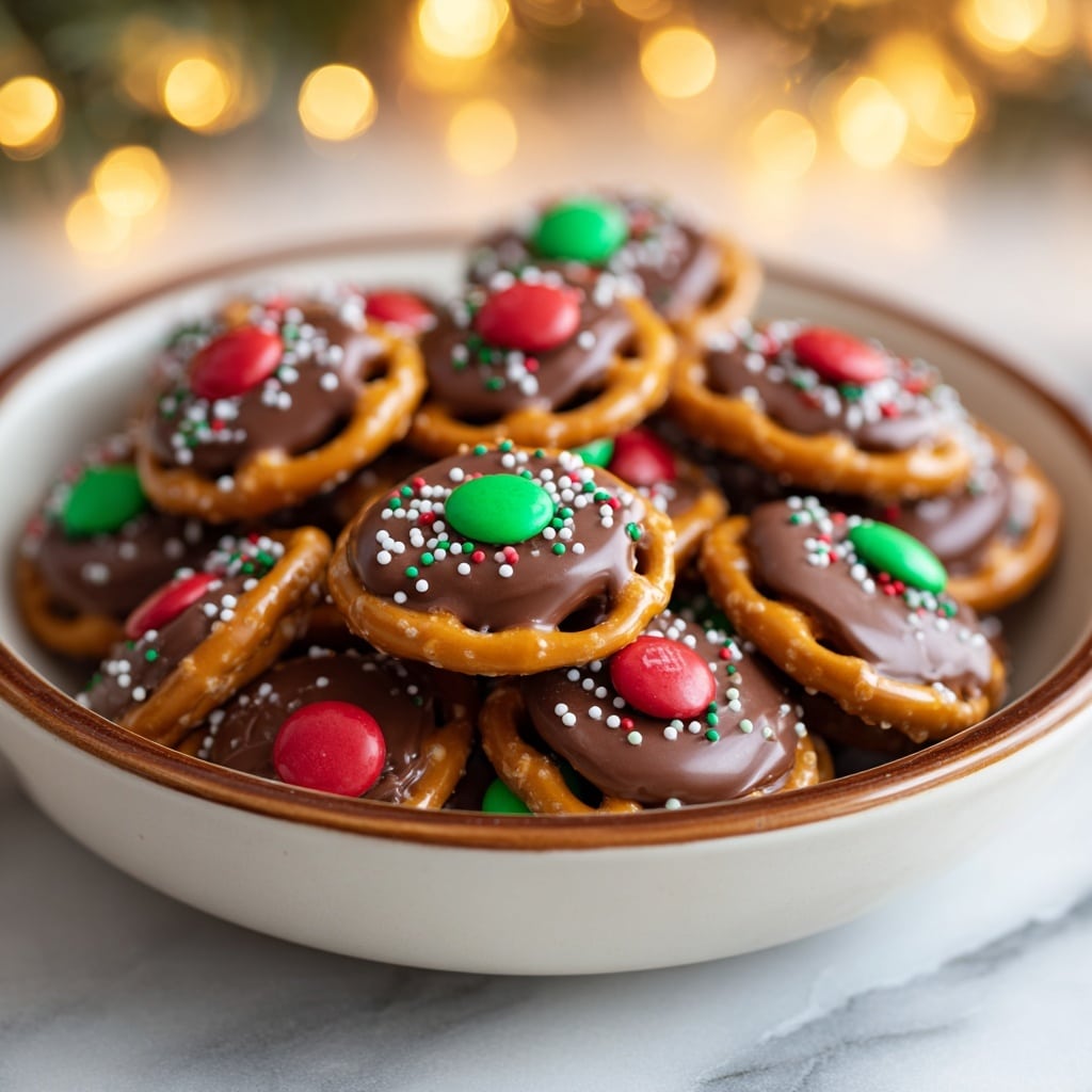 A close-up view of many small round treats in a white bowl with a brown rim, filled to the top. Each treat is made of three layers: the bottom layer is a golden brown pretzel with a slight shine and salt grains, the middle layer is a smooth, glossy milk chocolate disc that almost fills the pretzel circle, and the top layer is a single colorful candy coated chocolate in red or green placed in the center of the chocolate. The chocolate surface is decorated with small round sprinkles in white, red, and green, scattered around the candy. The background is softly blurred with warm yellow lights, and the bowl sits on a white marbled surface. photo taken with an iphone --ar 4:5 --v 7