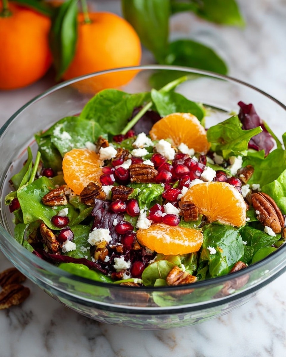 A clear glass bowl filled with a fresh salad on a white marbled surface. The salad has a base of mixed bright green leafy greens, including spinach and lettuce. Scattered on top are shiny orange mandarin slices, small bright red pomegranate seeds, and small white crumbles of cheese. There are also some small brown nuts sprinkled throughout. A pair of shiny silver metal tongs is holding some of the salad from the bowl. Photo taken with an iphone --ar 4:5 --v 7