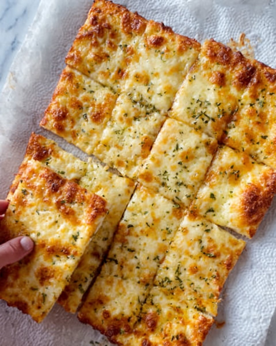 The image shows a close-up of a rectangular piece of cheesy bread being held by a woman's hand with dark purple nail polish. The cheesy bread is golden-brown on top with melted cheese, small herbs, and some darker baked spots. In the background, there is a white marbled surface with a large, cut cheesy bread with similar topping, divided into square pieces. The focus is on the single piece of cheesy bread, showing its crispy edges and gooey texture. Photo taken with an iphone --ar 4:5 --v 7