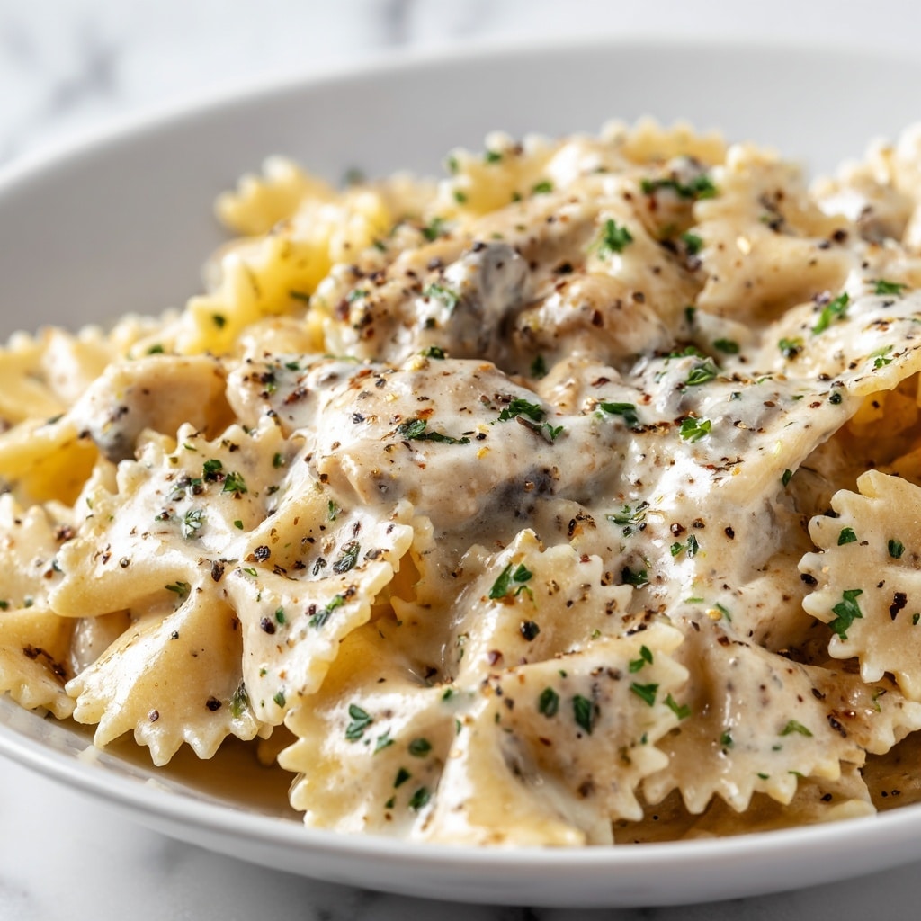 The image shows a close-up of Pasta Da Vinci, featuring farfalle pasta covered in a creamy white sauce with a slightly textured appearance. Small pieces of chicken blend throughout the pasta in the middle layer, while the top is sprinkled with chopped green herbs and black pepper, adding a fresh and speckled look. The background is a white marbled texture, enhancing the light colors of the dish. photo taken with an iphone --ar 4:5 --v 7