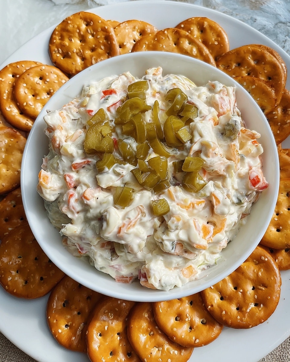A white bowl is filled with a creamy white dip mixed with small pieces of orange and green vegetables. The top layer is garnished with chopped green olives and small pieces of red pepper scattered evenly. The bowl sits on a white plate which is covered with many brown pretzel chips with a shiny, slightly rough texture. The whole arrangement is set on a white marbled surface with a blue cloth partially visible in the background. photo taken with an iphone --ar 4:5 --v 7
