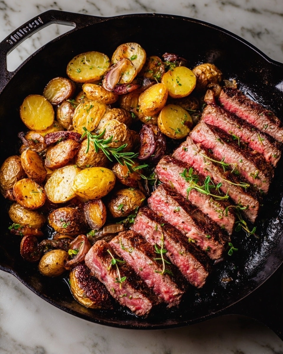 The image shows several thick slices of medium-rare steak arranged in a row, each slice with a pink center and a browned, slightly charred outer edge, glistening with juices and small bits of seasoning on top. Behind the steak slices, there are several roasted potatoes cut in half, with a golden brown crispy exterior and soft interior visible. Small green sprigs of fresh thyme are scattered over the steak and potatoes, adding a touch of color and freshness. The entire dish is set against a white marbled texture background. photo taken with an iphone --ar 4:5 --v 7