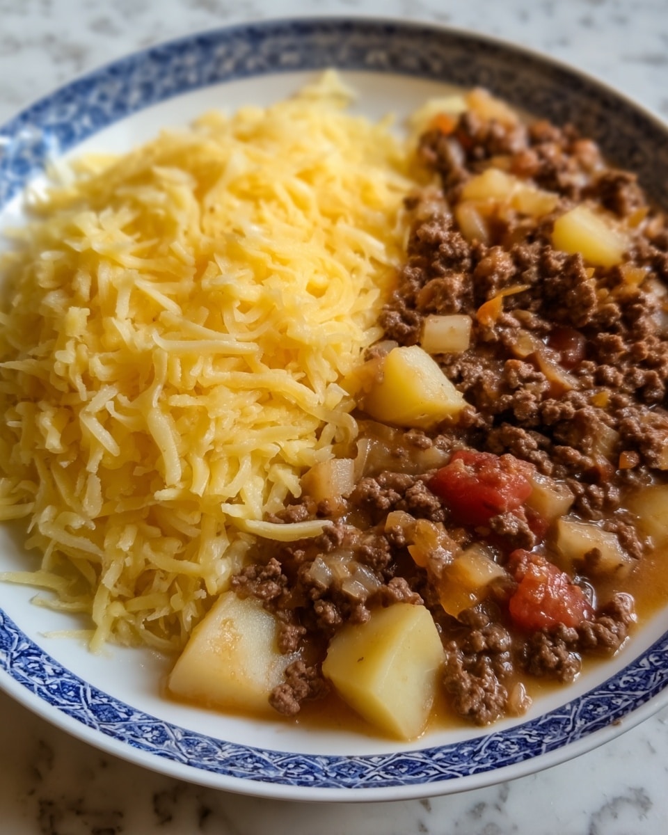 A close-up view of a white plate with a blue patterned rim holding two main layers: on the left side, there is a thick pile of shredded yellow cheddar cheese with a soft, slightly moist texture, and on the right side, a hearty mixture of ground beef, diced white potatoes, and small chunks of tomato in a light brown sauce with a chunky texture. The dish rests on a white marbled surface. Photo taken with an iphone --ar 4:5 --v 7