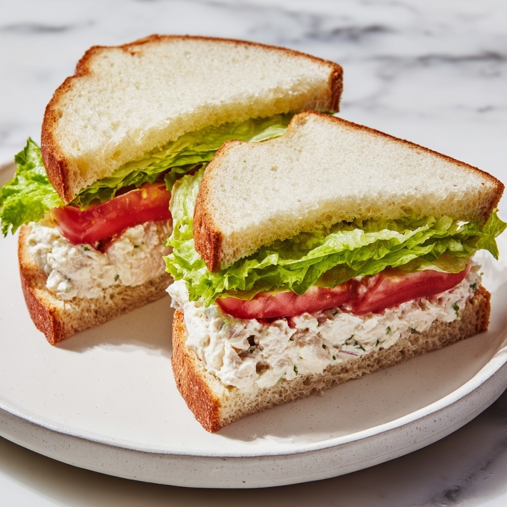 A sandwich cut in half is shown on a white plate with a light red pattern, placed on a white marbled surface. The sandwich has three main layers: the top and bottom slices of white bread, soft and spongy in texture, sandwiching leafy green lettuce that looks fresh and crisp, and bright red tomato slices. The thick middle layer is creamy, white chicken salad with visible small chunks of chicken mixed with a smooth dressing. Some lettuce edges stick out from the bread, adding color and texture contrast. The plate is simple, making the sandwich the focus. photo taken with an iphone --ar 4:5 --v 7