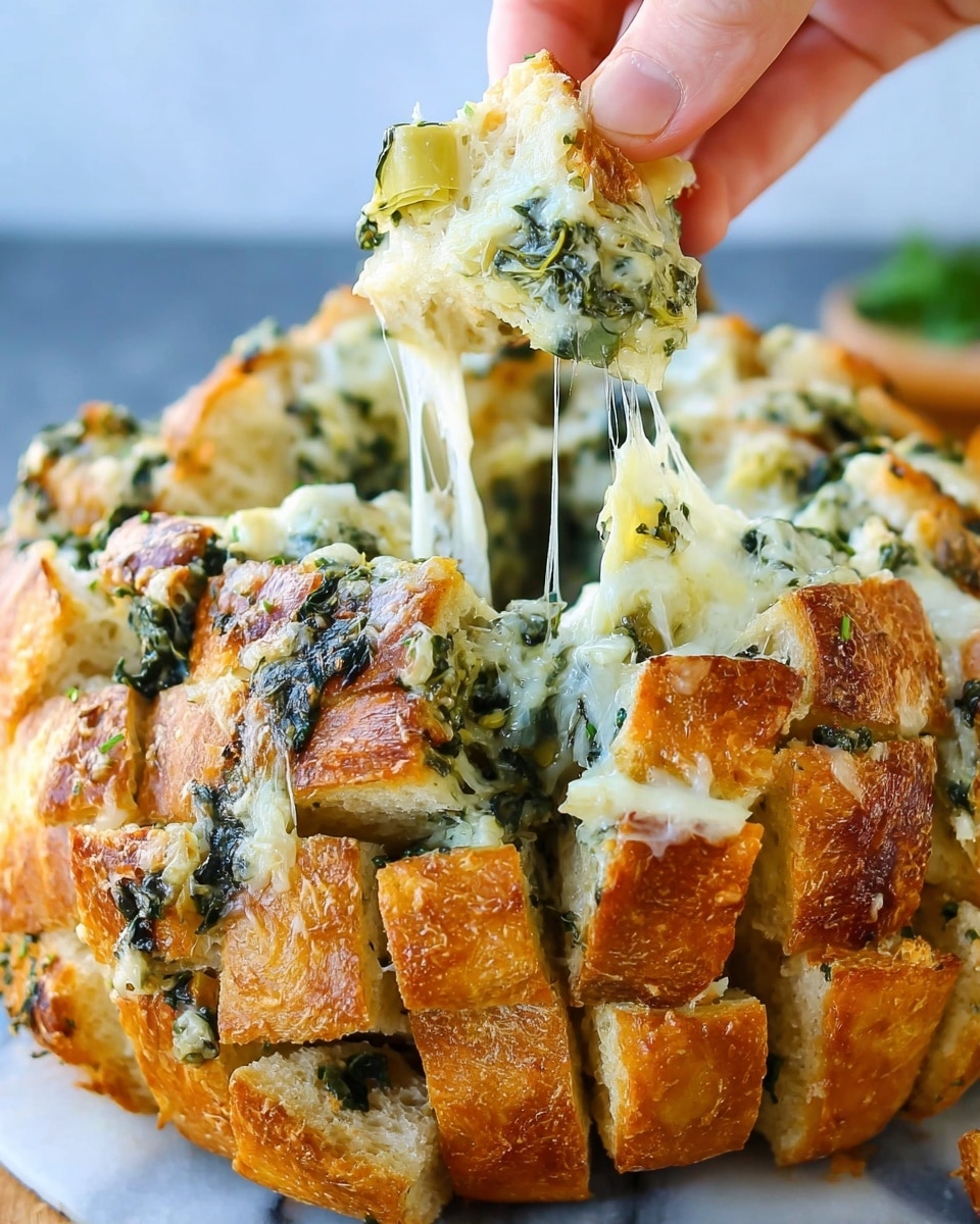 A close-up view of a round pull-apart bread showing about three layers of golden-brown bread cubes with a crispy texture on the outside. Between the bread cubes is a creamy mix of melted white cheese, finely chopped dark green spinach, and small light yellow artichoke pieces. A woman's hand is lifting one piece, stretching gooey melted cheese strings that connect to the rest of the pull-apart. The bread sits on a white marbled texture. photo taken with an iphone --ar 4:5 --v 7