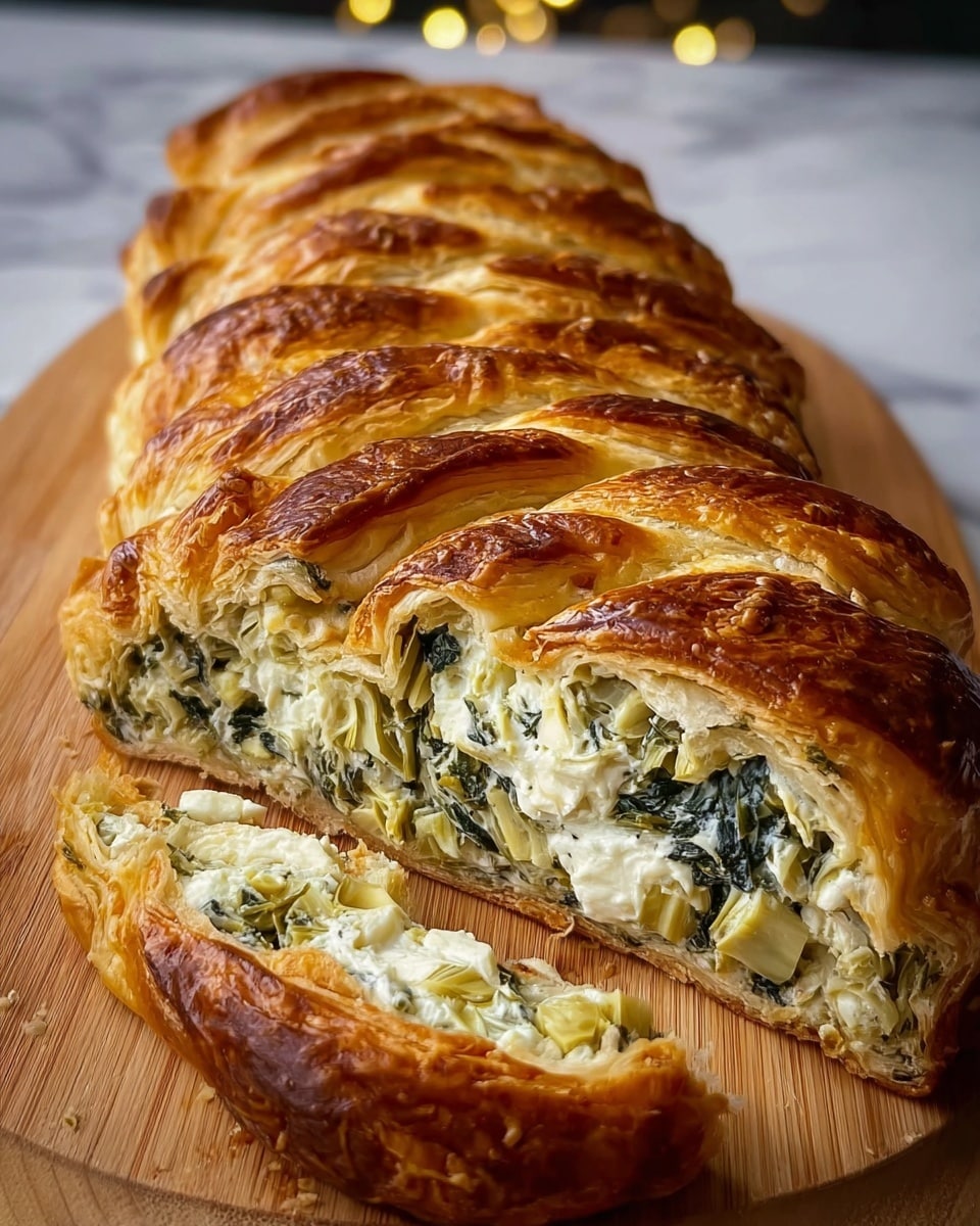 The image shows a long braided pastry loaf resting on a wooden board against a white marbled texture. The loaf has a golden-brown, shiny, flaky crust with visible layers of puff pastry braided over the top in diagonal strips. The cut end reveals the filling inside, which consists of a creamy mix with pieces of green leafy vegetables and light yellow artichoke hearts, creating a layered effect with the white creamy cheese and green vegetable mix inside. The pastry’s outer crust appears crisp and glossy, contrasting with the soft and textured filling within. Photo taken with an iphone --ar 4:5 --v 7