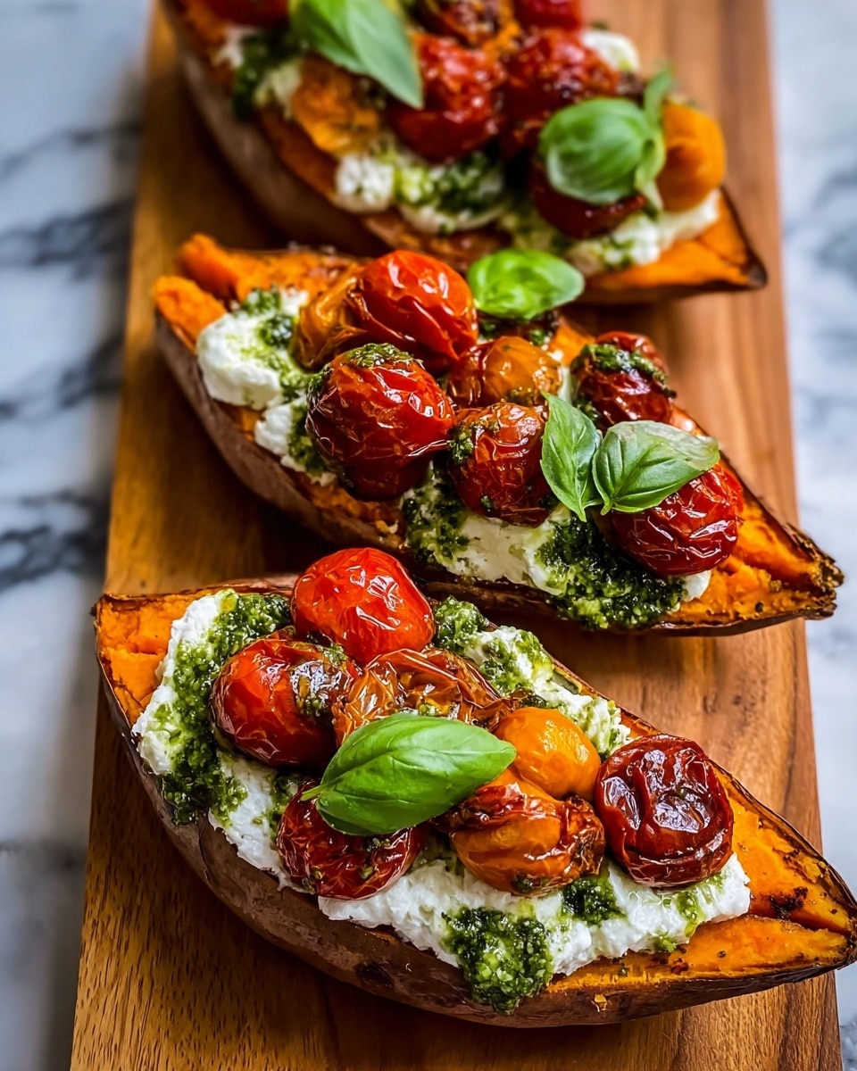 Three roasted sweet potato halves with a deep orange and slightly charred skin form the base layer, each filled with bright, roasted red cherry tomatoes that have a glossy, slightly wrinkled texture. On top, there are dollops of white, soft cottage cheese, generously covered with a bright green pesto sauce that adds a textured, oily finish. Fresh green basil leaves are scattered on the top, adding color and freshness. The sweet potatoes are placed on a wooden board with a warm brown tone, and the soft natural light highlights the vivid colors and textures of the dish. Photo taken with an iphone --ar 4:5 --v 7